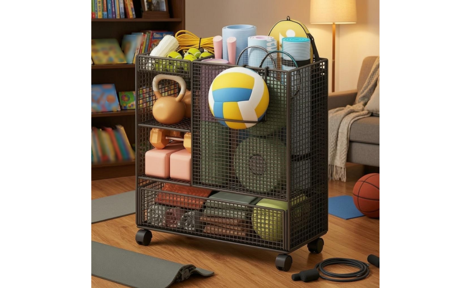 Rolling Mesh Rack Wire-Grid Gym Storage Rack Caster Wheels