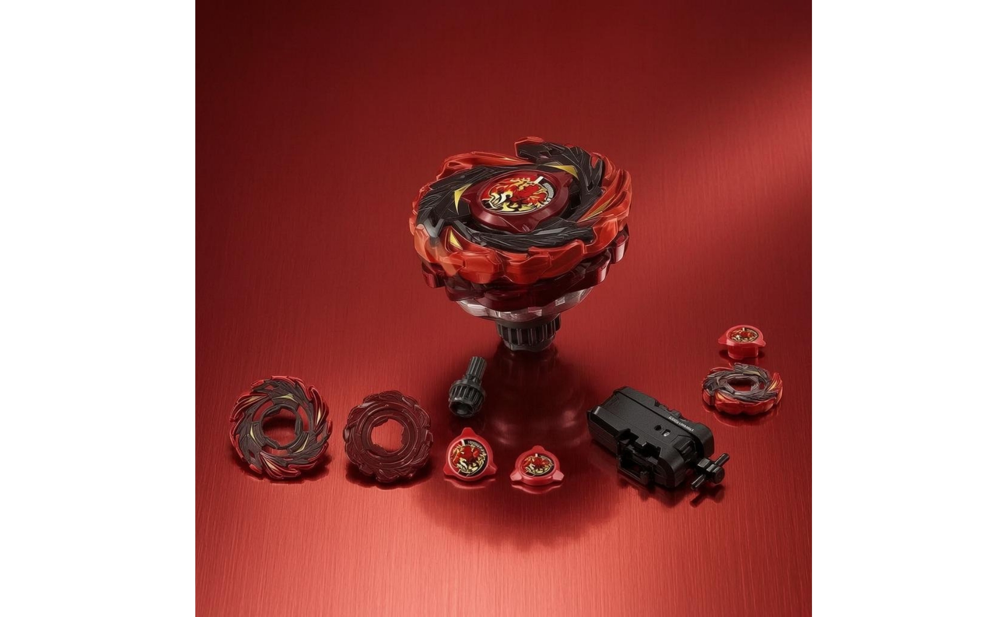 Battle Top Toy Red and Black Launcher Rotating Top Set Printed Emblem