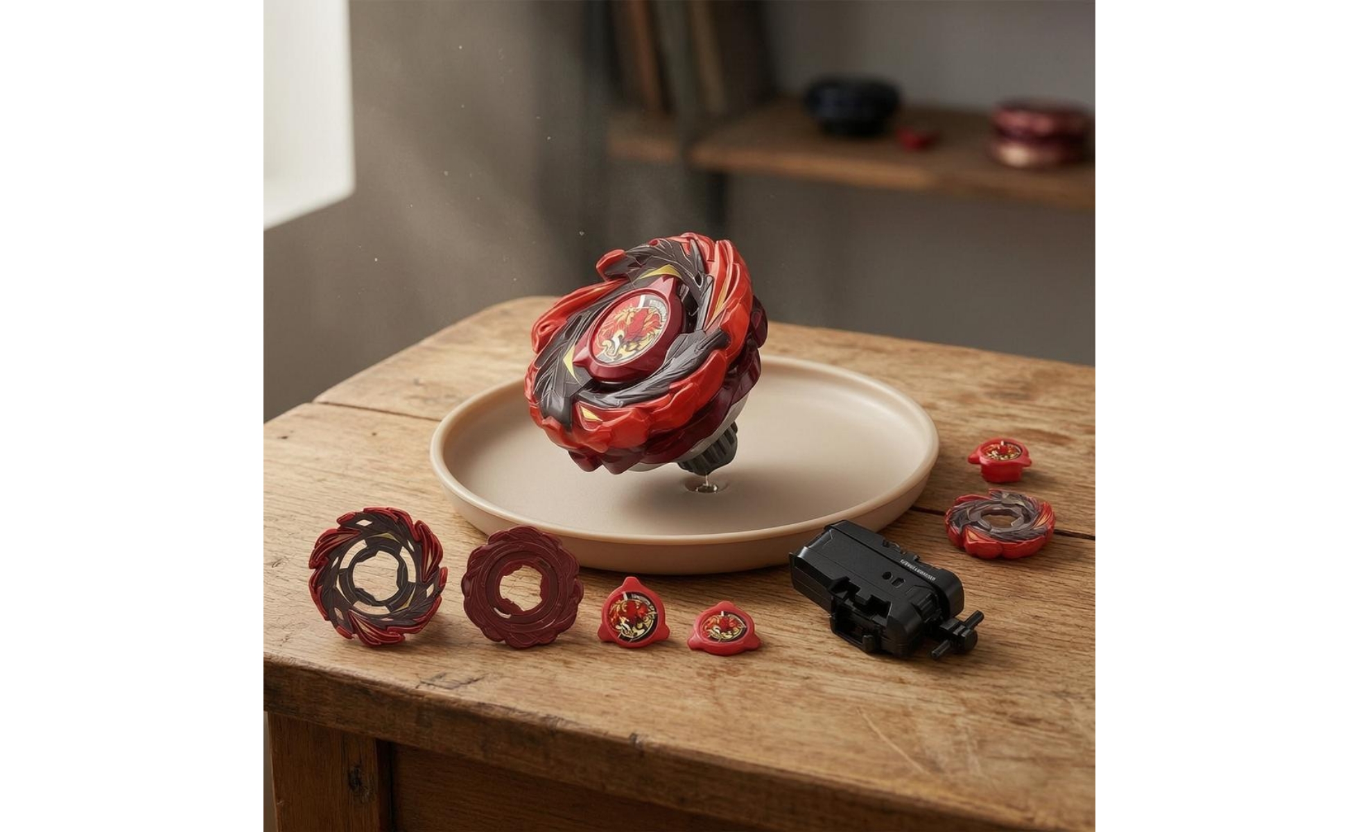 Battle Top Toy Red and Black Launcher Rotating Top Set Printed Emblem