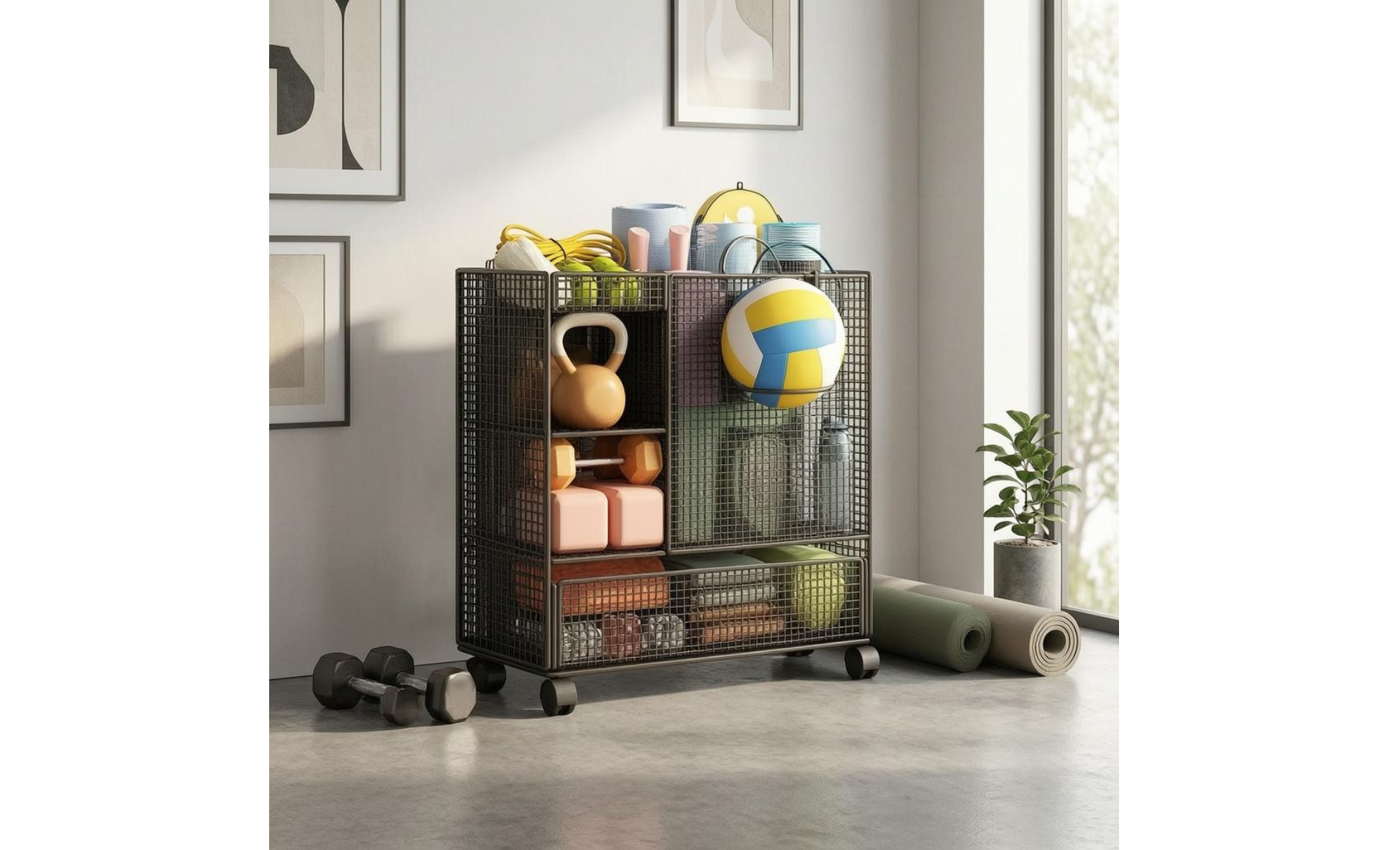Rolling Mesh Rack Wire-Grid Gym Storage Rack Caster Wheels