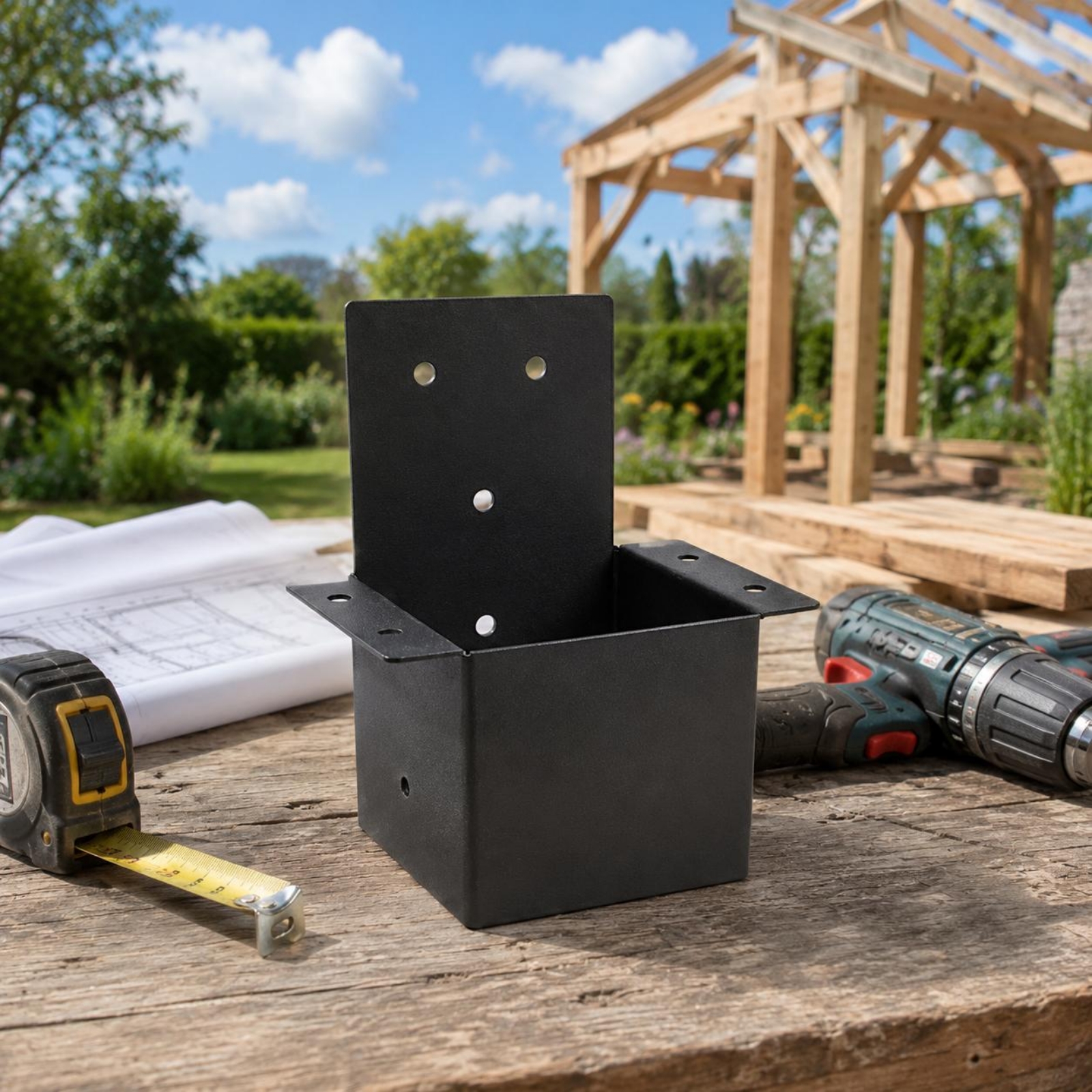 4 Stück Pergola Pfostenverbinder pulverbeschichtet 4x4 Pfostenwinkel vorgebohrt Löcher - Produktbild 3