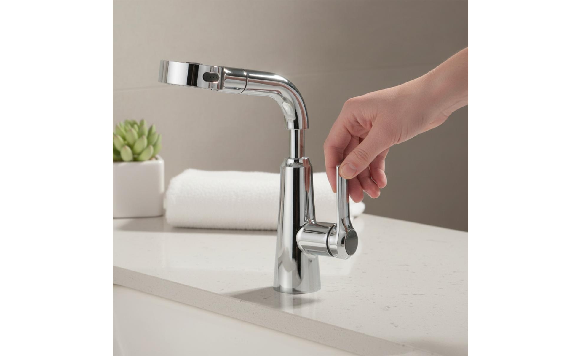 Single-Hole Faucet Tall Curved Spout Bathroom Faucet with Sprayer