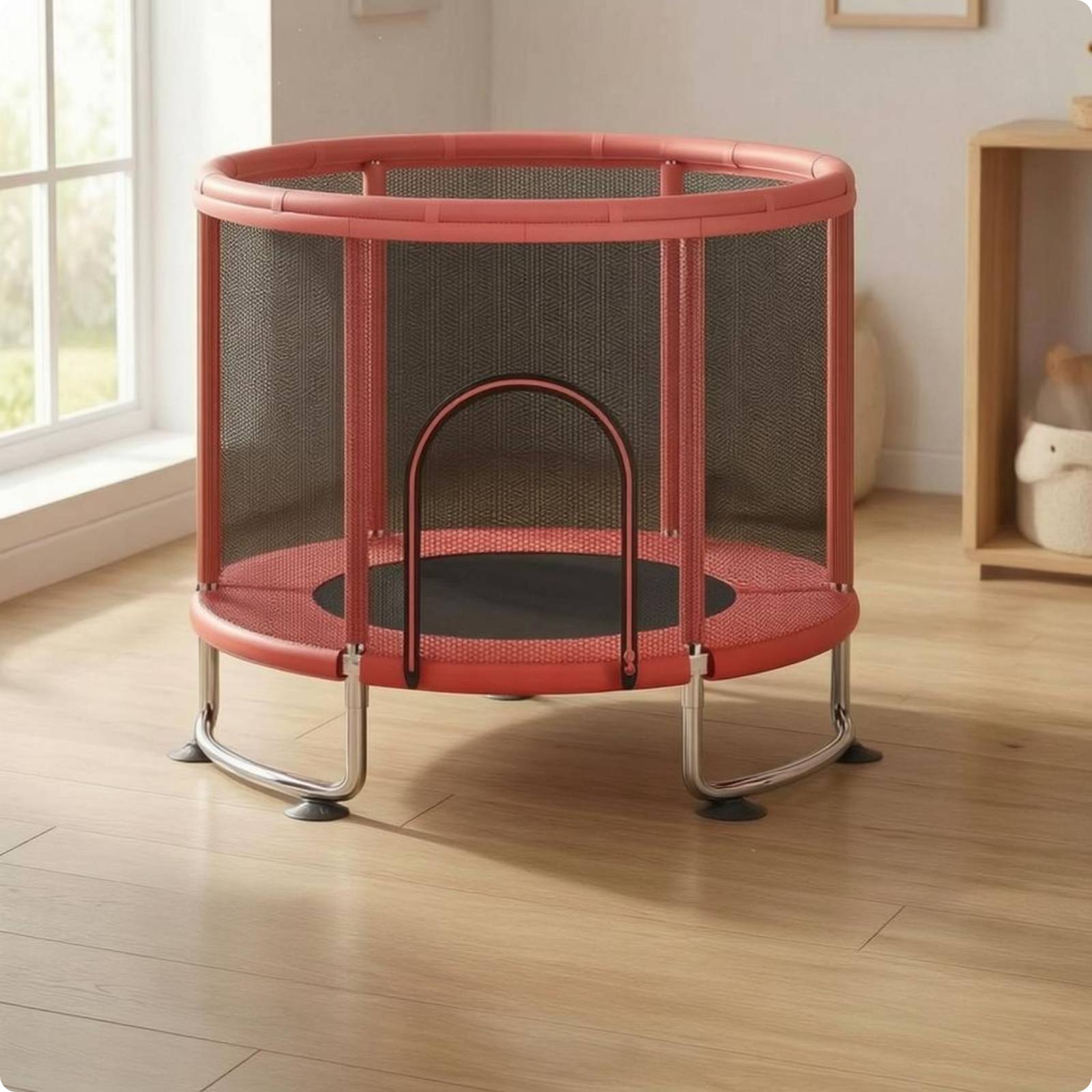 Trampoline with Protective Mesh Enclosure Handrail Kids Indoor Trampoline