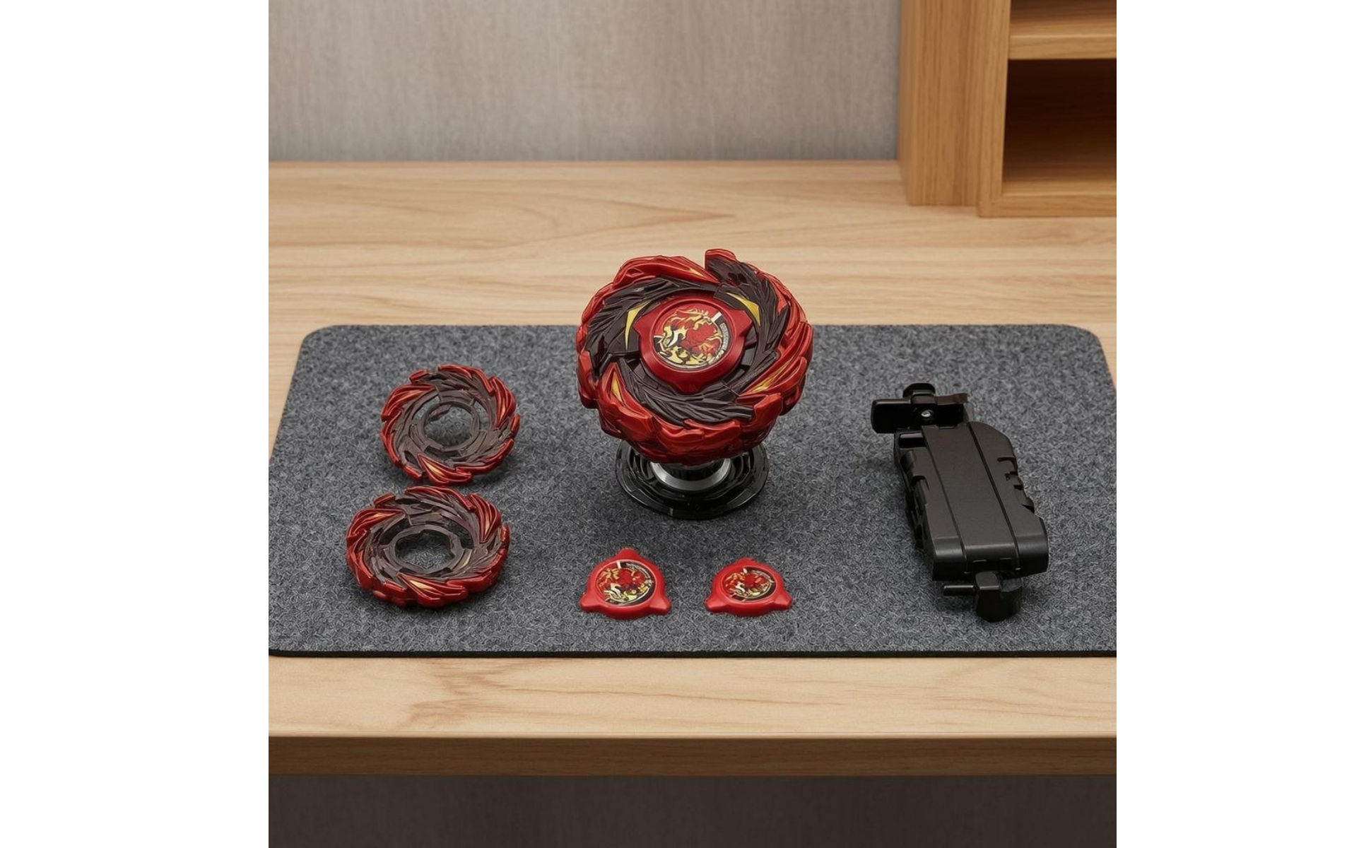 Battle Top Toy Red and Black Launcher Rotating Top Set Printed Emblem