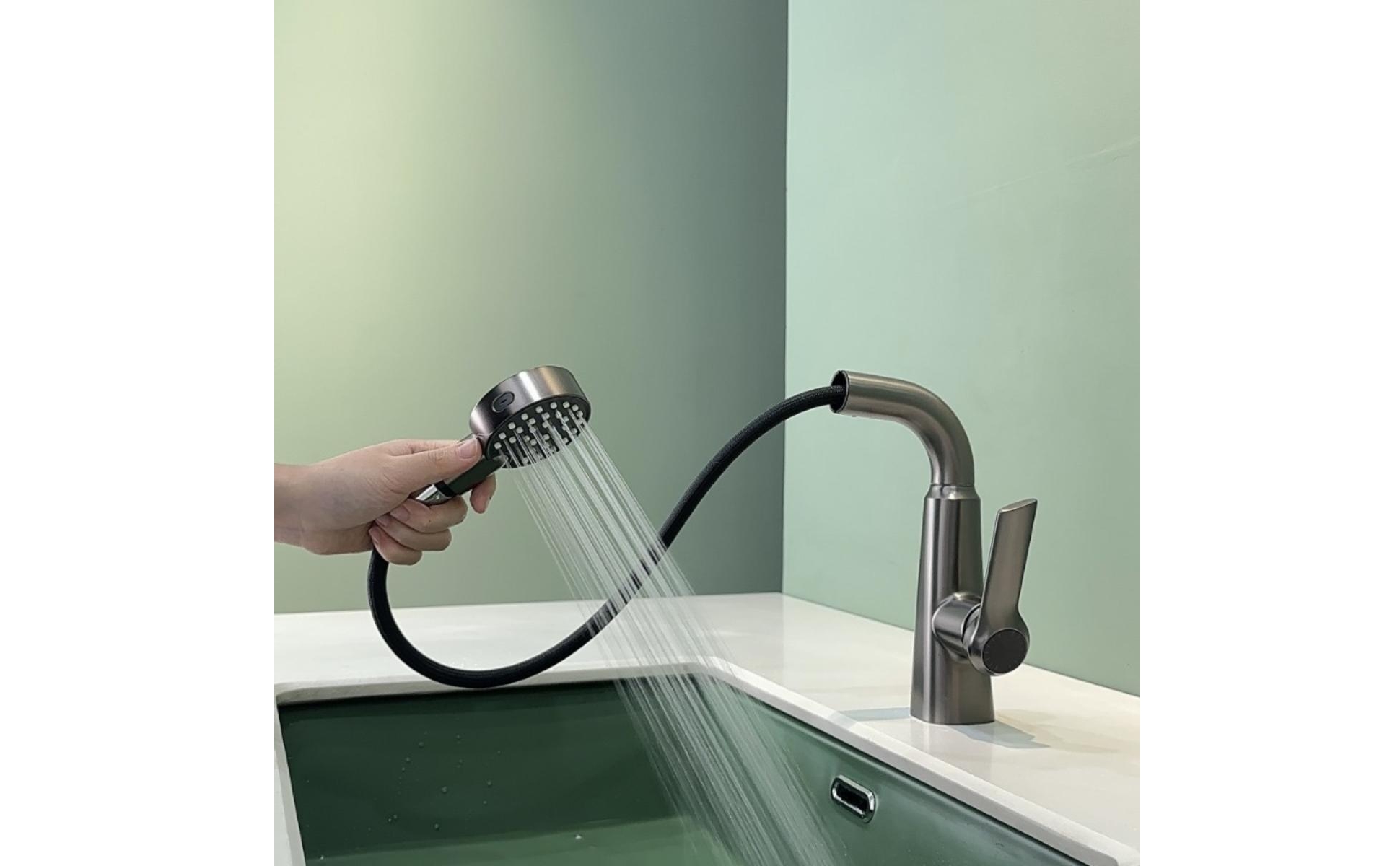 Single-Hole Faucet Tall Curved Spout Bathroom Faucet with Sprayer