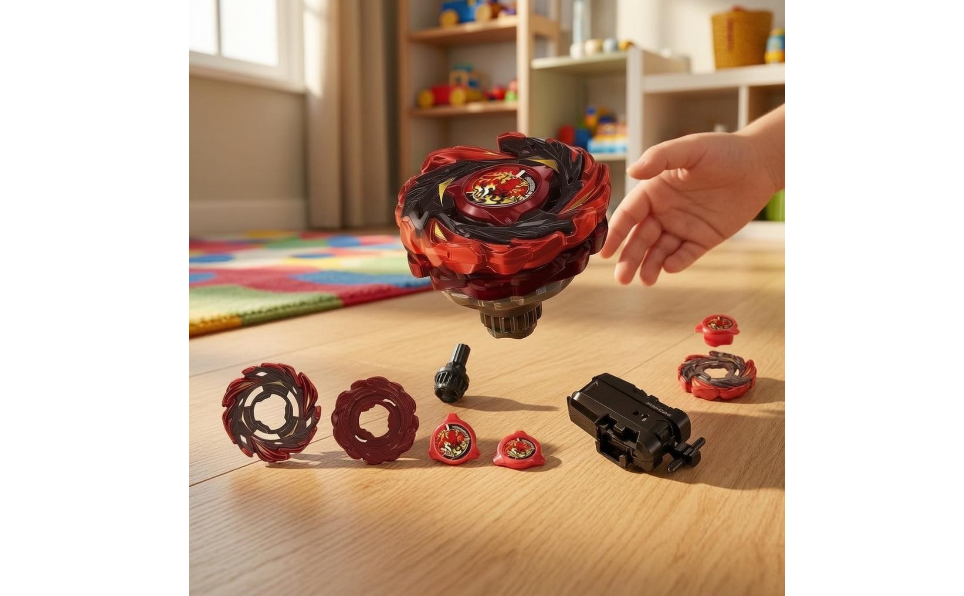 Battle Top Toy Red and Black Launcher Rotating Top Set Printed Emblem