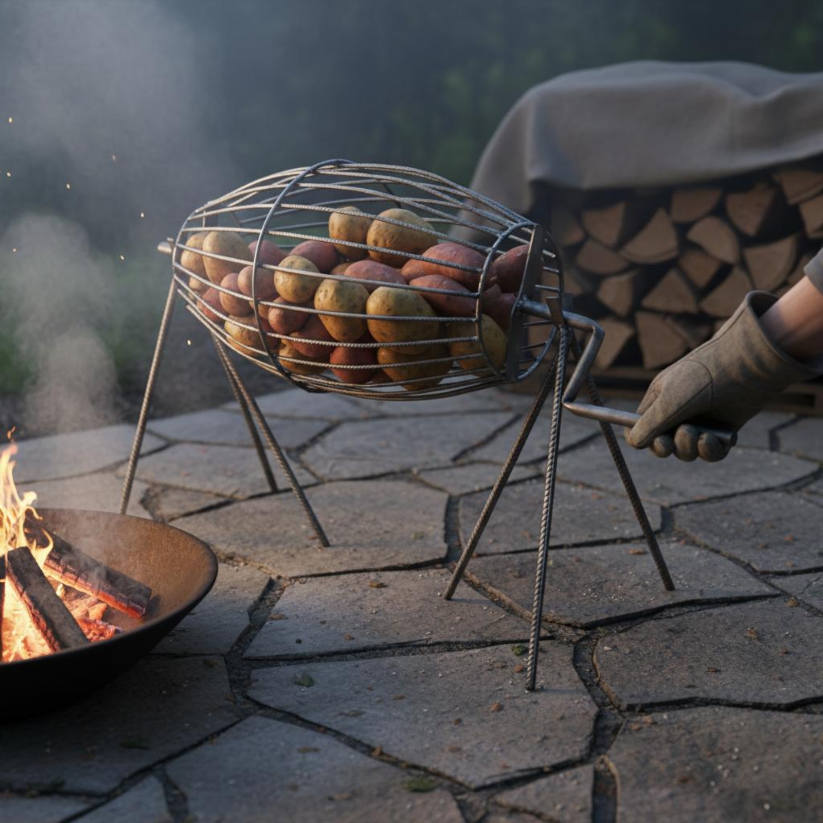 Manual Rotating Grill Basket Side Crank Handle Outdoor Cooking Even Heating - Produktbild 3