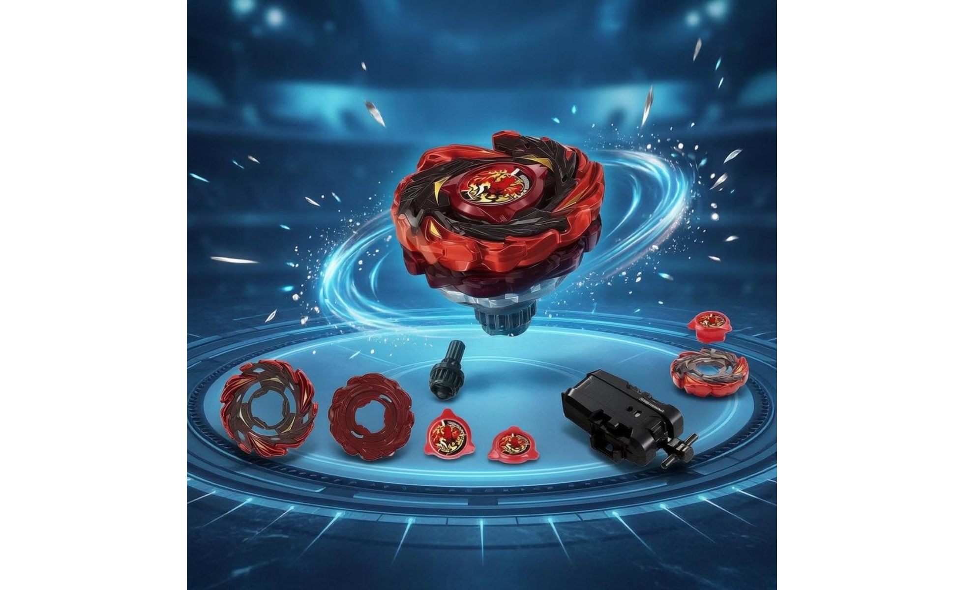 Battle Top Toy Red and Black Launcher Rotating Top Set Printed Emblem