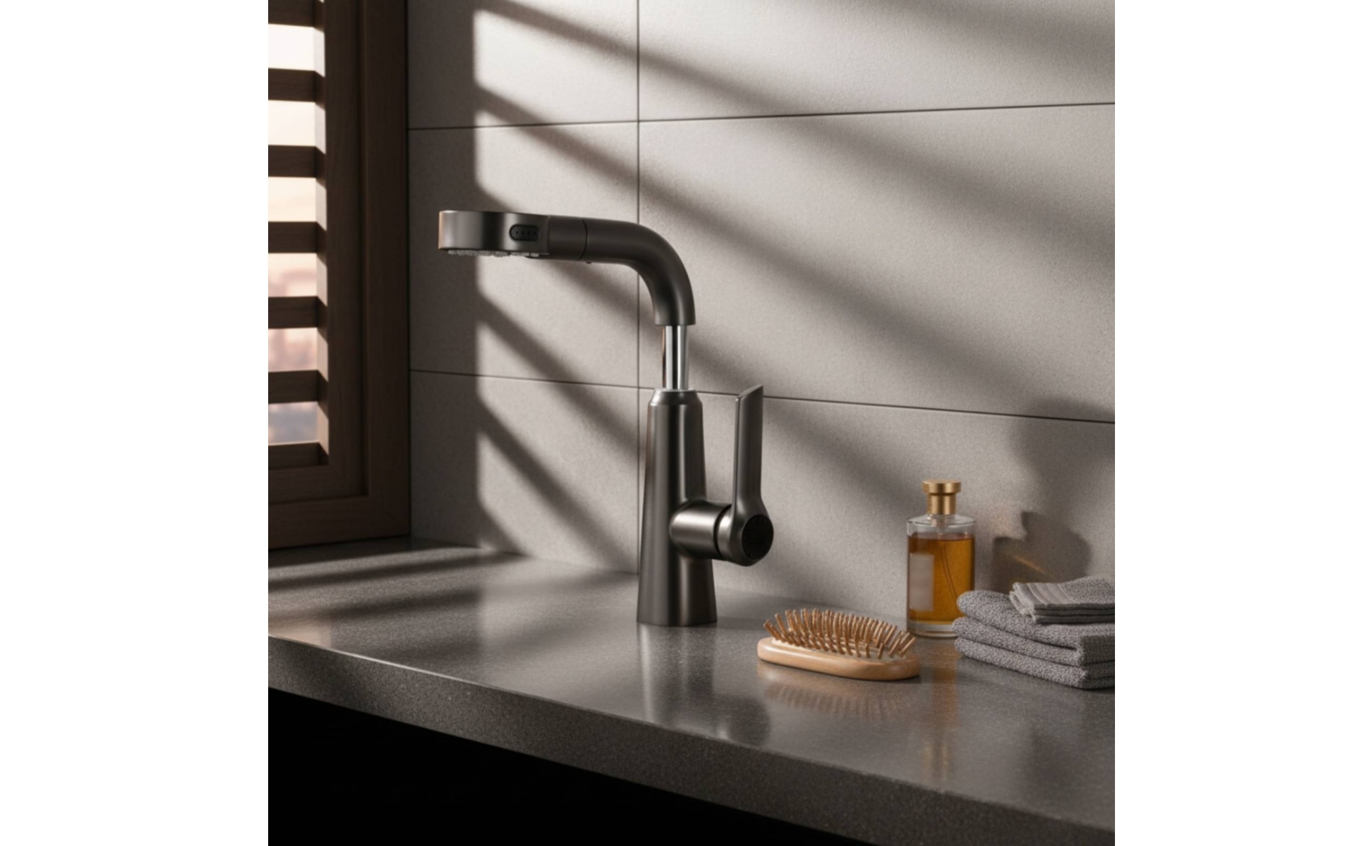 Single-Hole Faucet Tall Curved Spout Bathroom Faucet with Sprayer