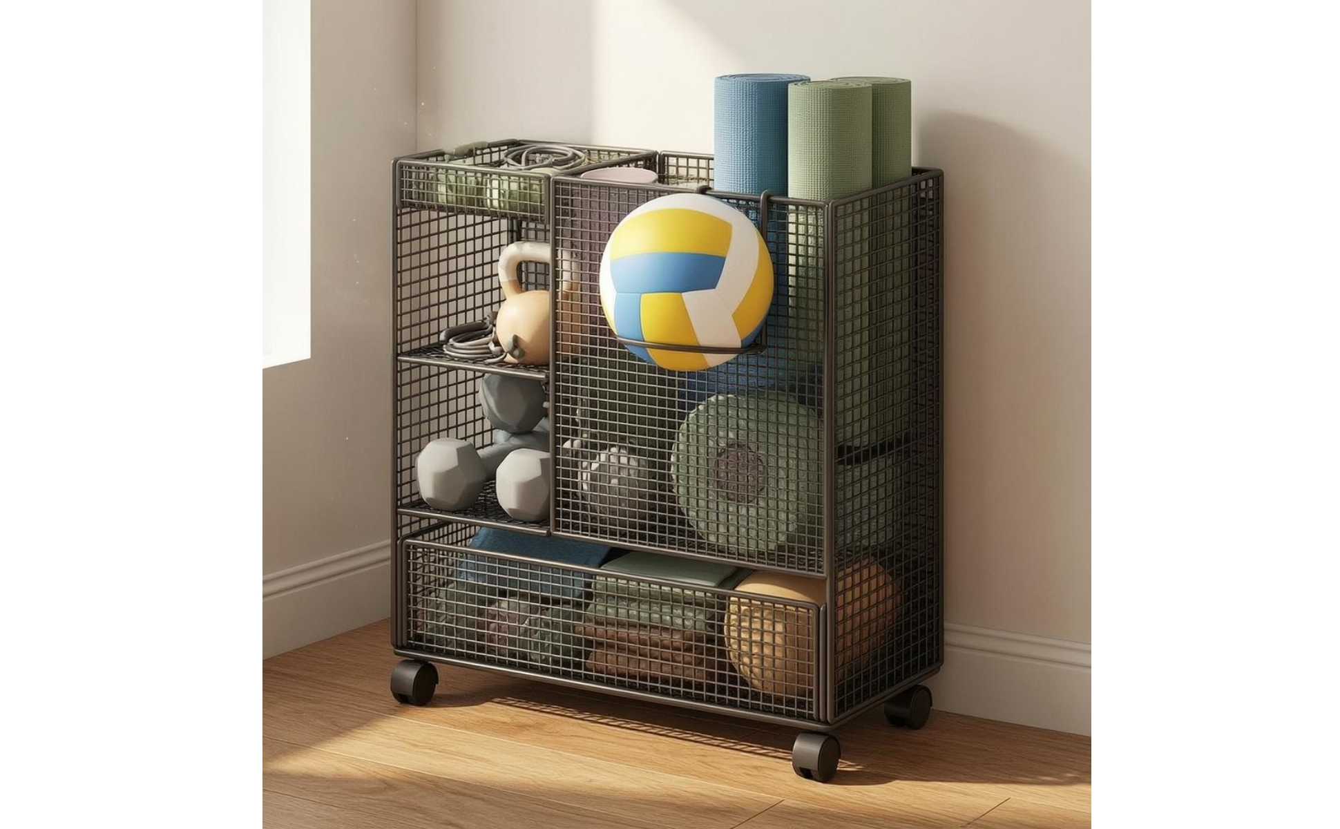Rolling Mesh Rack Wire-Grid Gym Storage Rack Caster Wheels