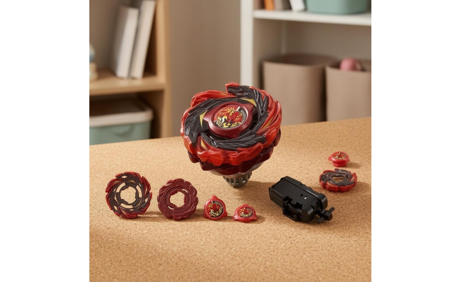 Battle Top Toy Red and Black Launcher Rotating Top Set Printed Emblem