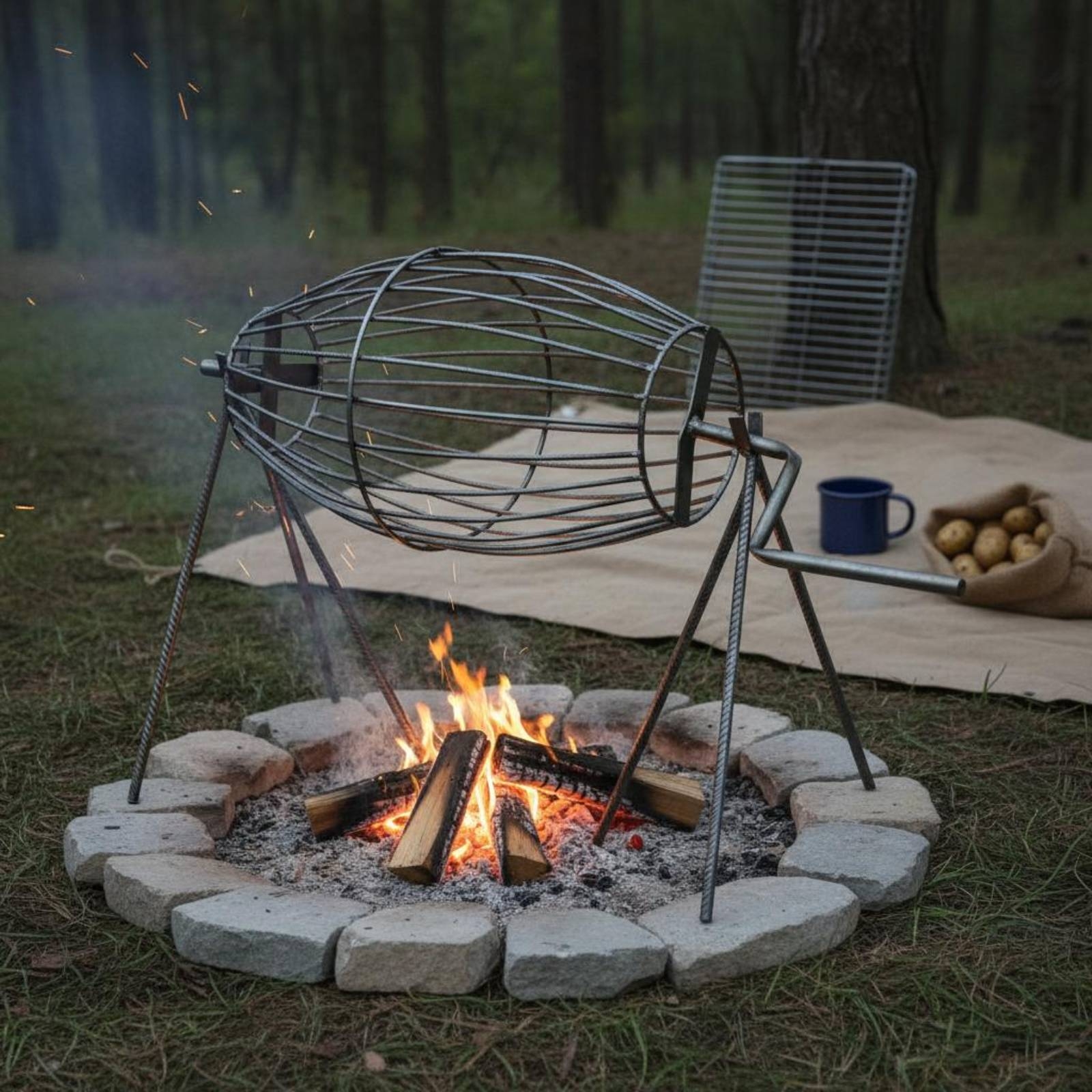 Manual Rotating Grill Basket Side Crank Handle Outdoor Cooking Even Heating - Produktbild 2