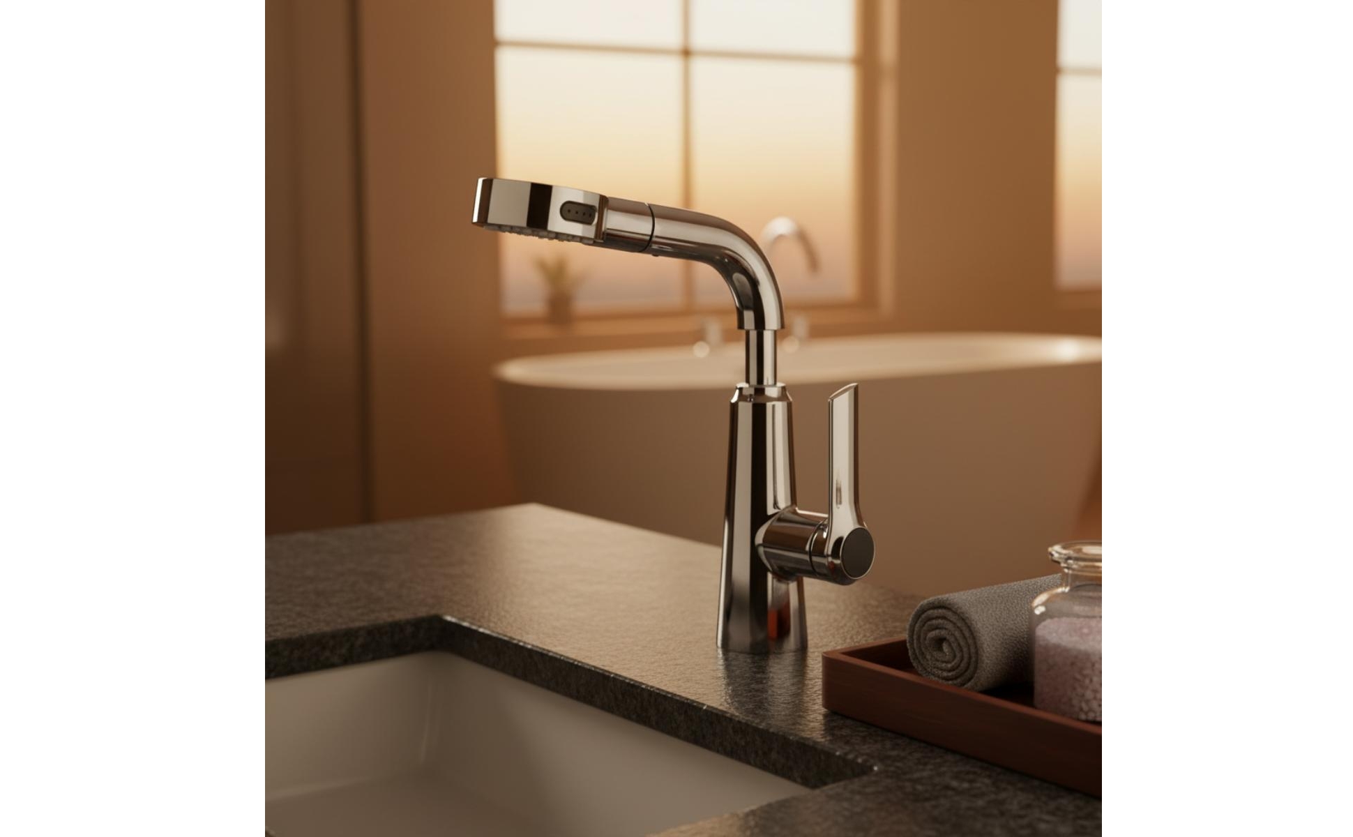 Single-Hole Faucet Tall Curved Spout Bathroom Faucet with Sprayer