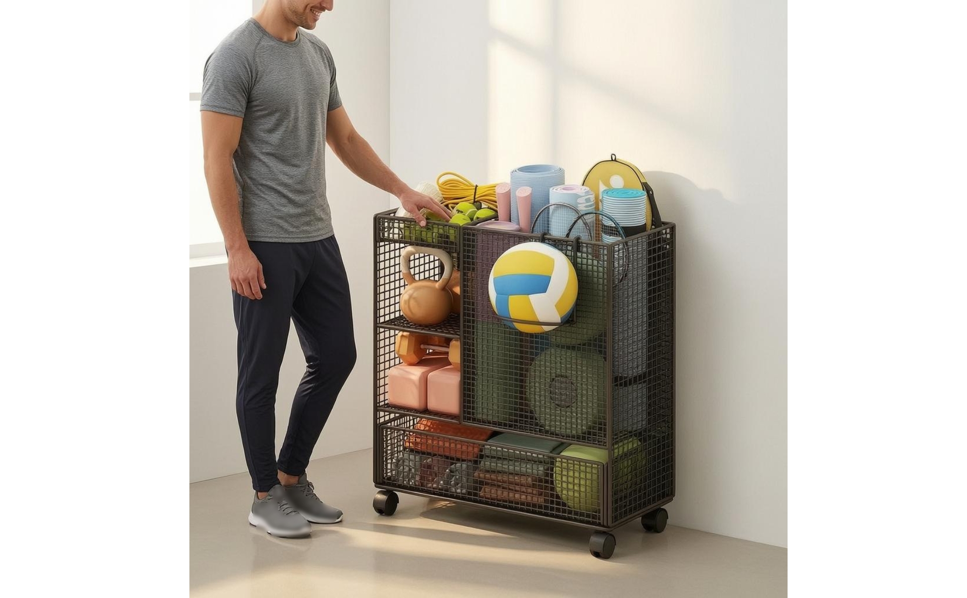 Rolling Mesh Rack Wire-Grid Gym Storage Rack Caster Wheels