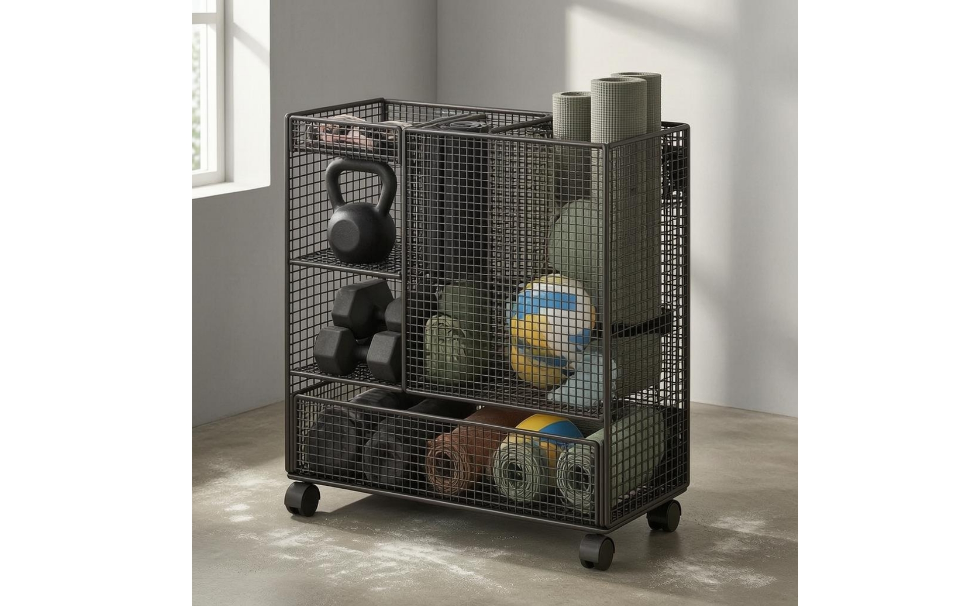 Rolling Mesh Rack Wire-Grid Gym Storage Rack Caster Wheels