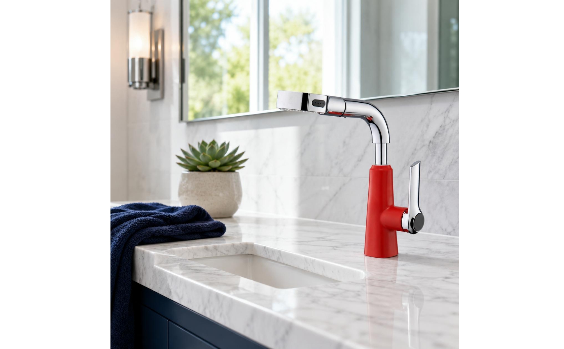 Single-Hole Faucet Tall Curved Spout Bathroom Faucet with Sprayer