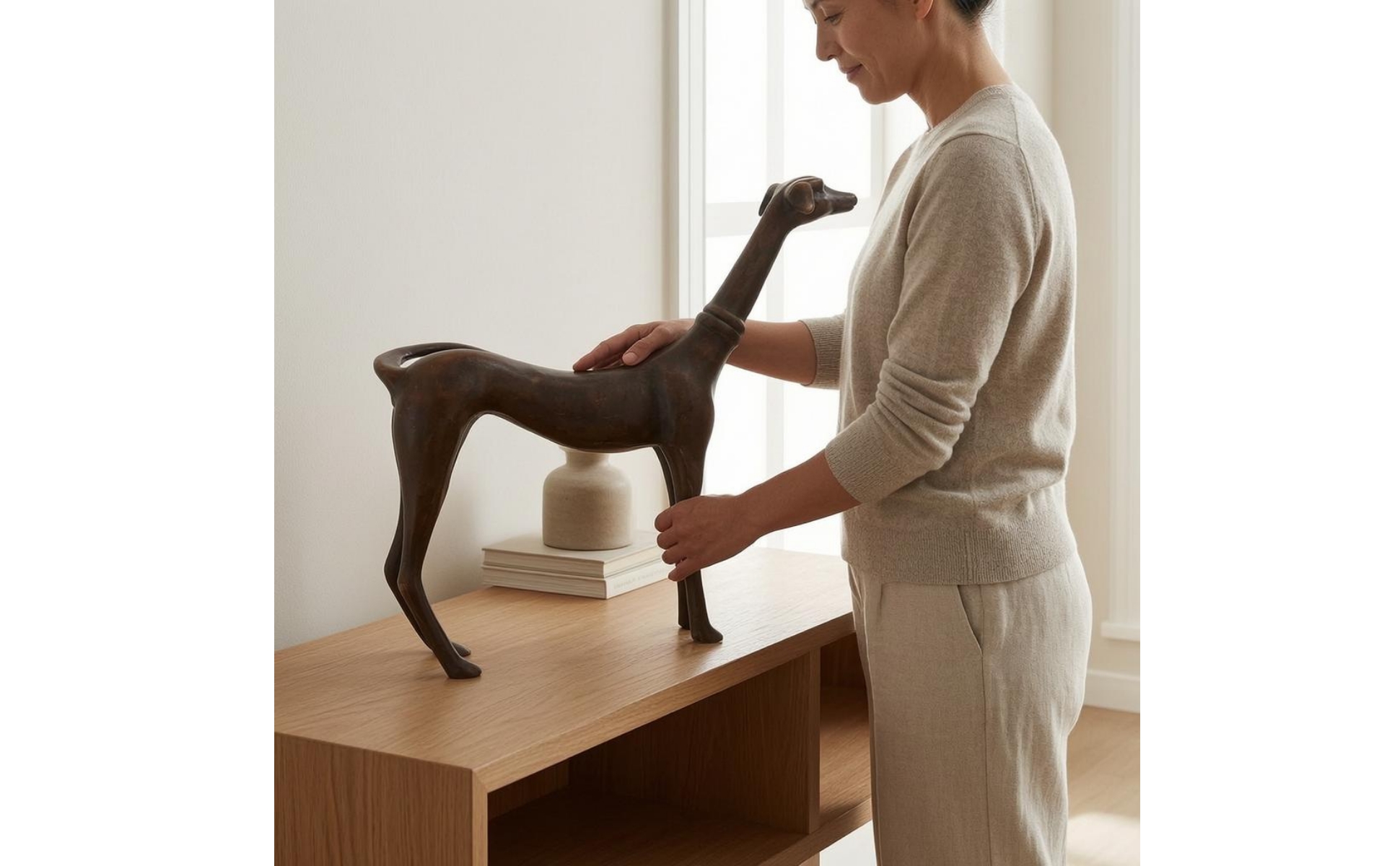 Copper Dog Sculpture Dark Brown Patina Realistic Dog Figurine for Office Display