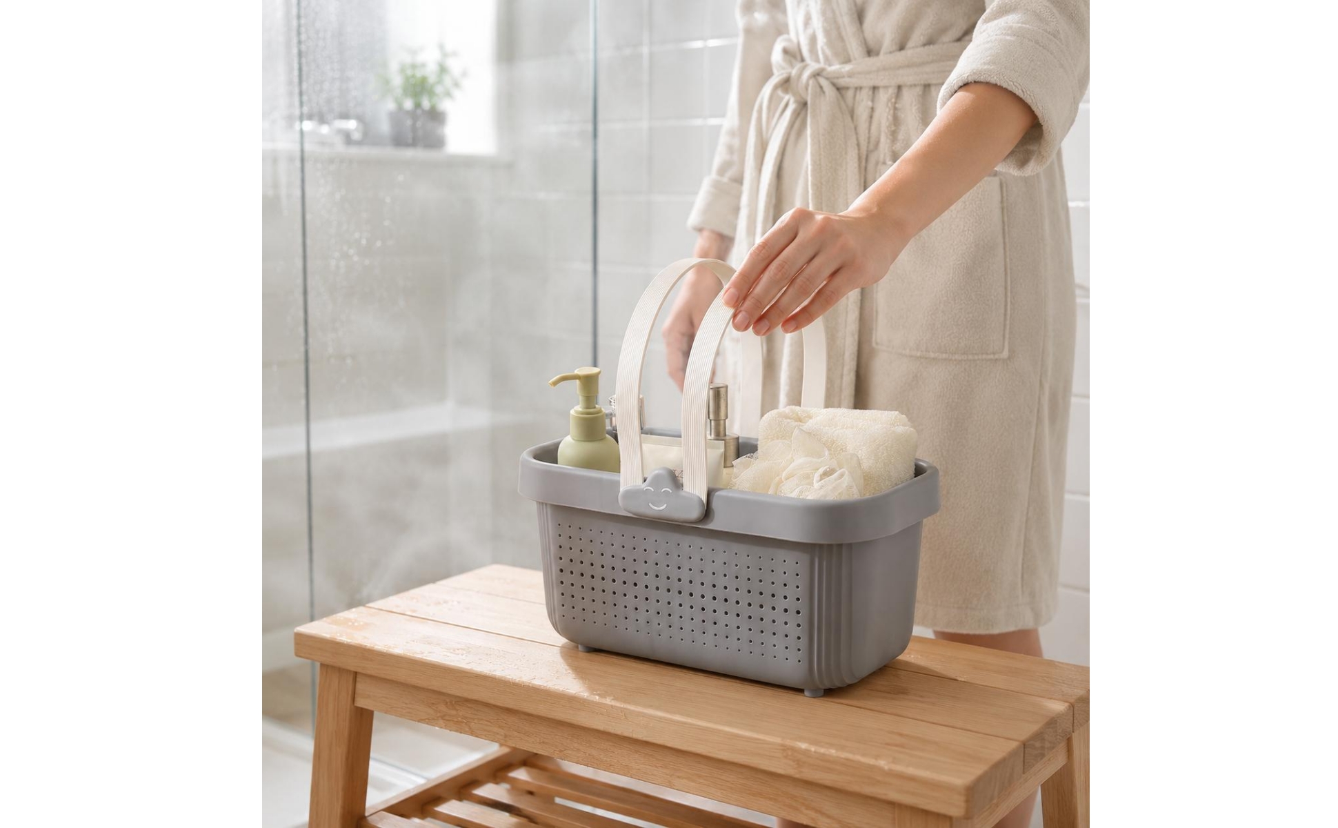 Perforated Bath Basket Arched Handles Portable Bathroom Basket uncoveredTop