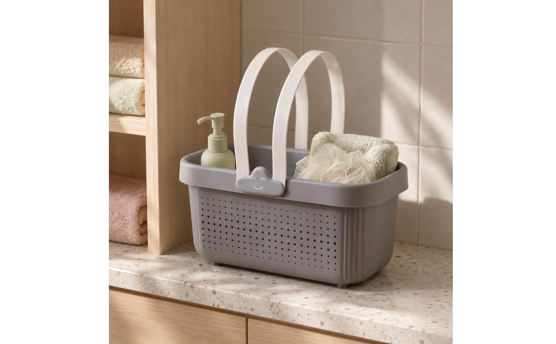 Perforated Bath Basket Arched Handles Portable Bathroom Basket uncoveredTop
