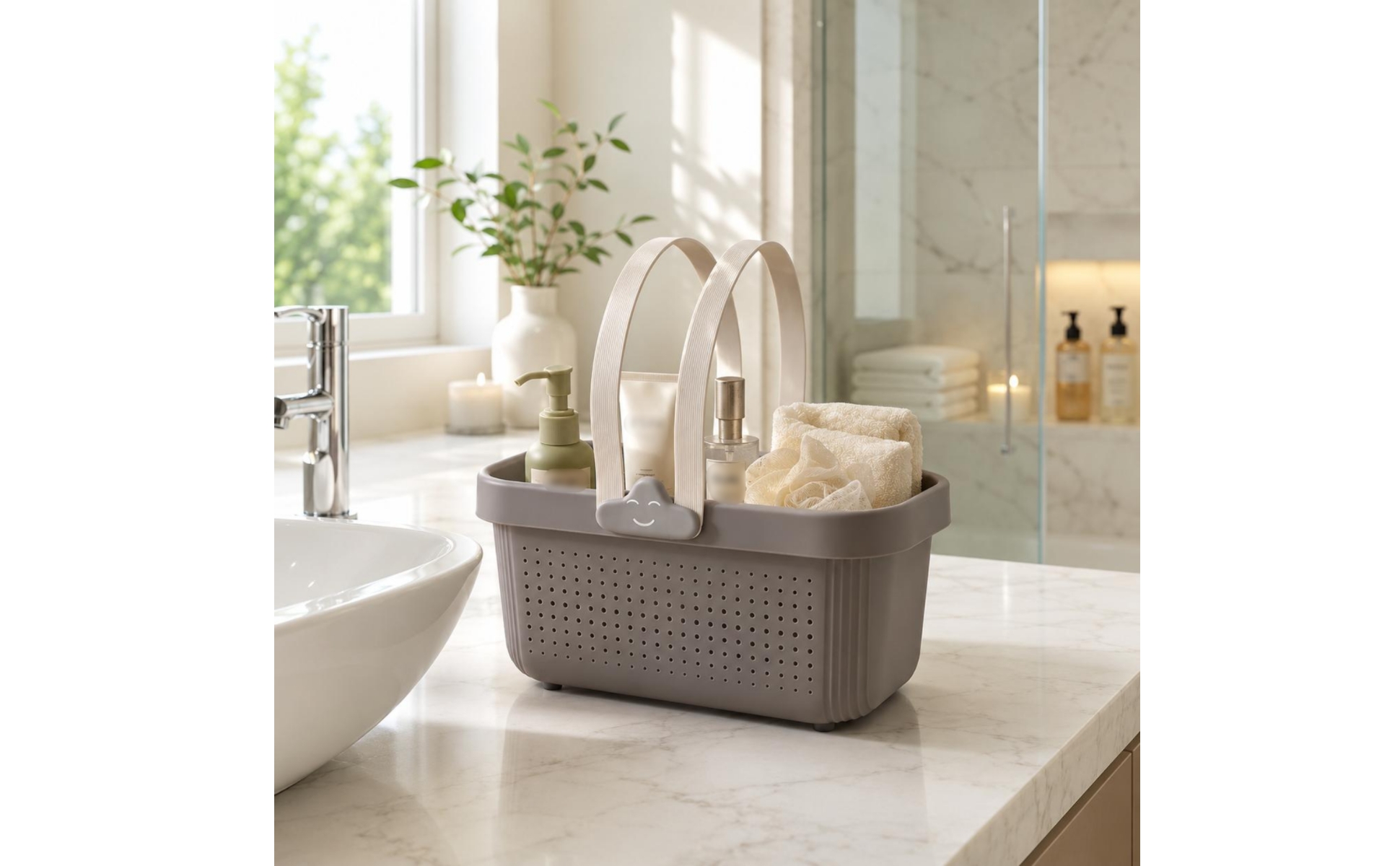 Perforated Bath Basket Arched Handles Portable Bathroom Basket uncoveredTop