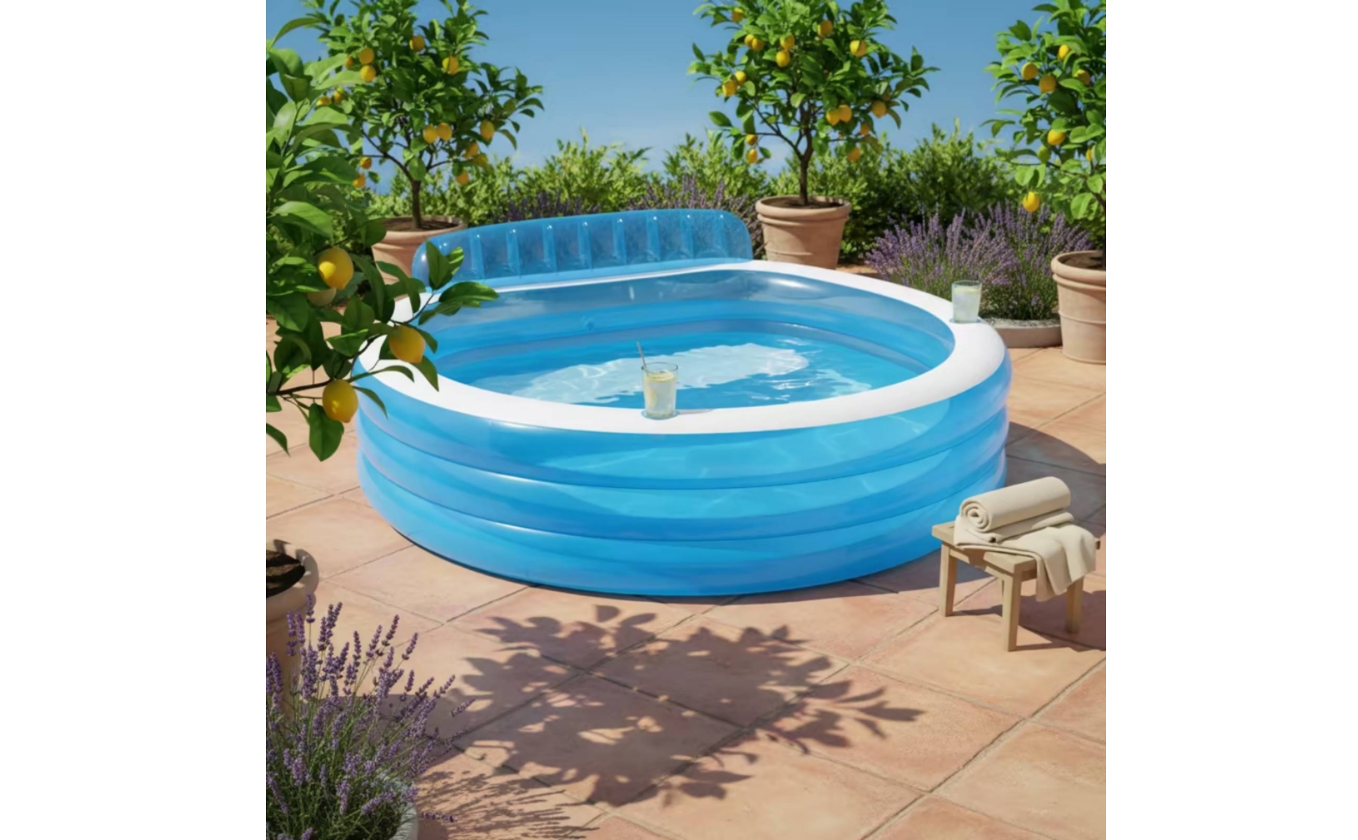 Inflatable Pool with Backrest Drain Valve Round Pool with Seats 2 Air Chambers