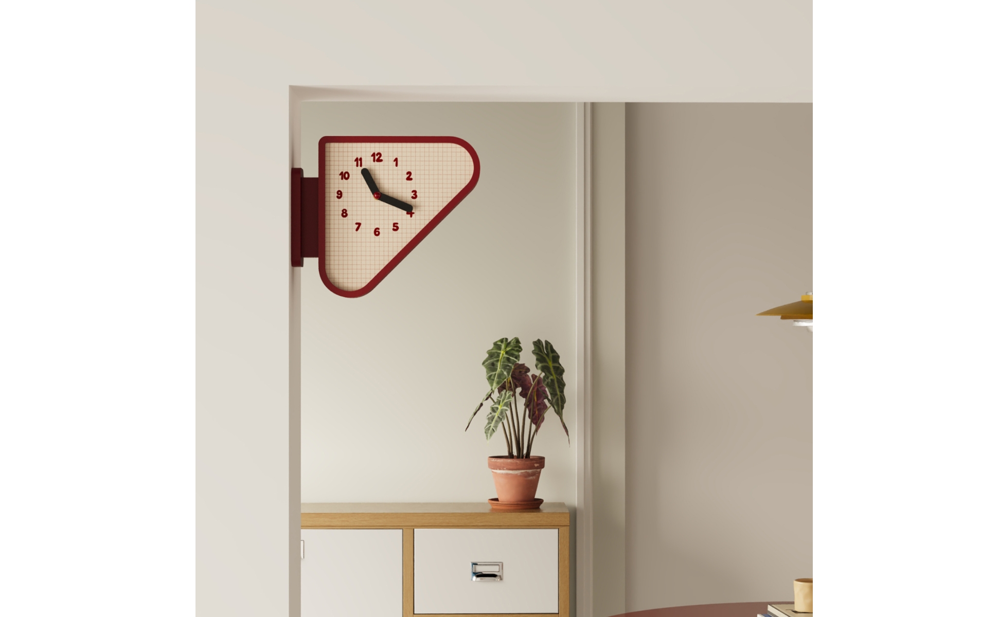 Triangular Wall Clock Grid-Pattern Dial Corner Clock Side-Mounted