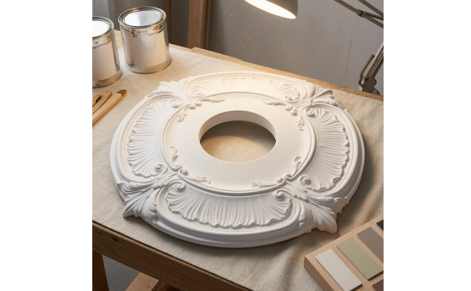 Deckenrosette Plasteroptik Runde Deckenplatte Konzentrische Struktur