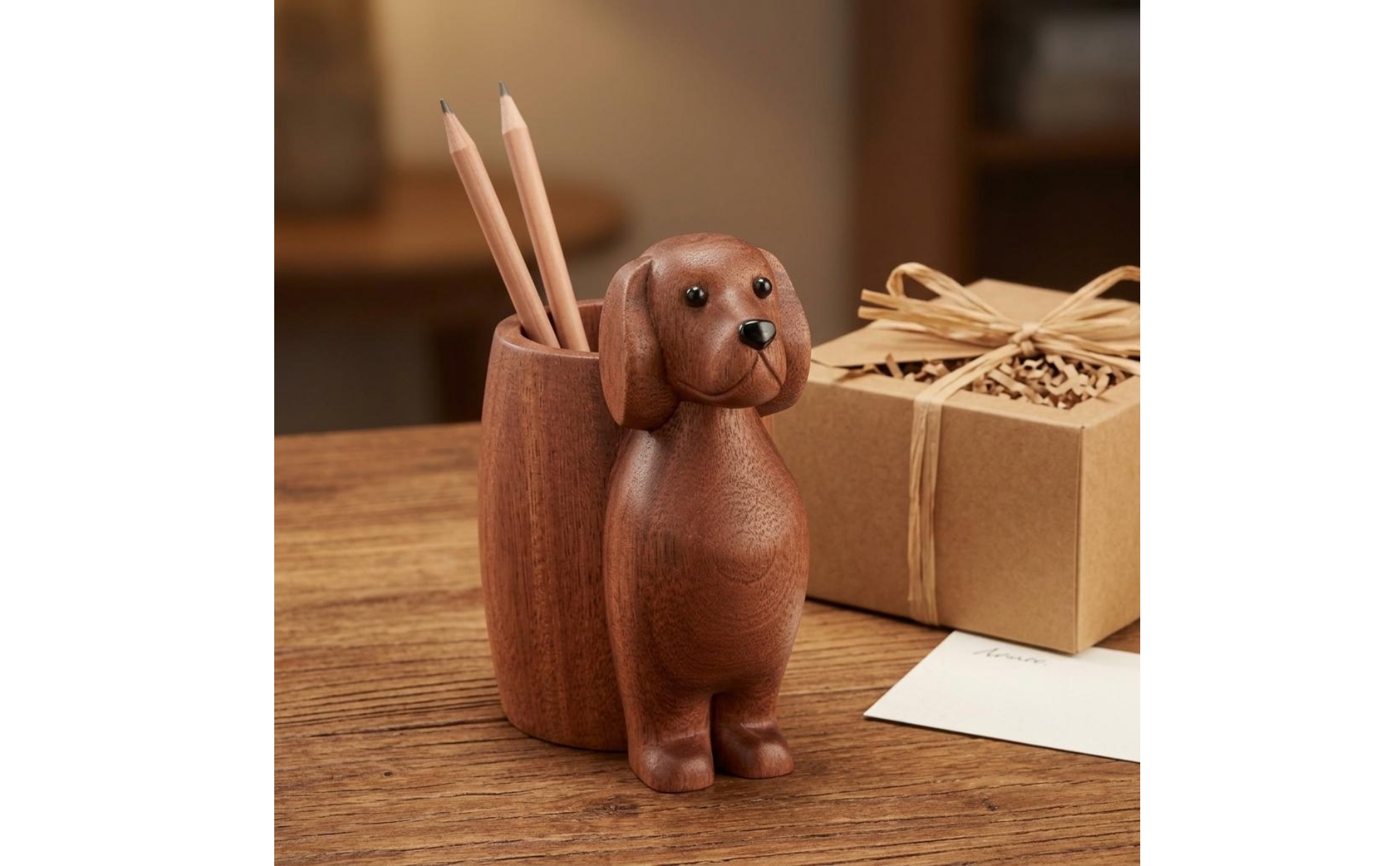 Wood Puppy Pen Holder Carved Sitting Puppy Organizer Floppy Ears
