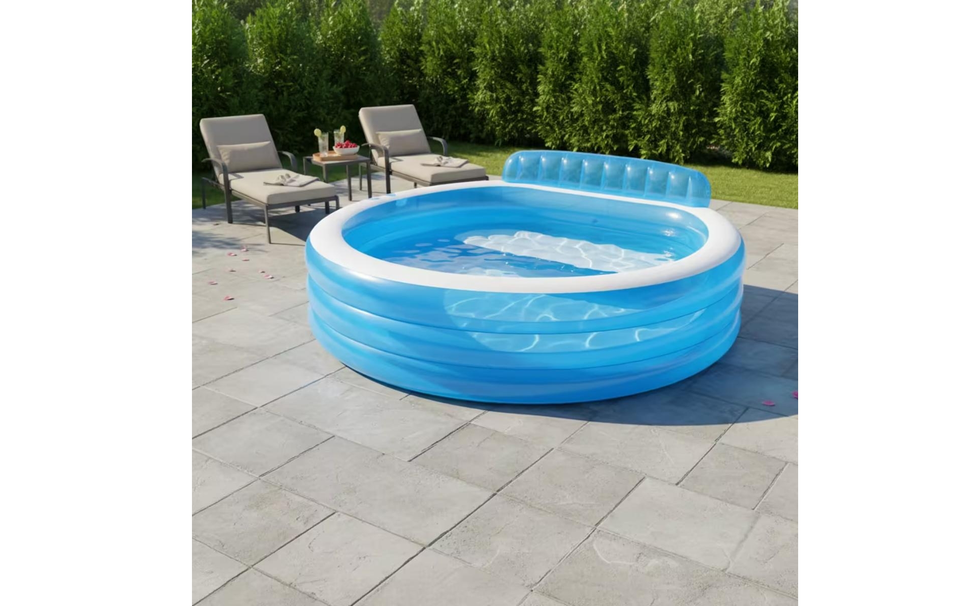 Inflatable Pool with Backrest Drain Valve Round Pool with Seats 2 Air Chambers