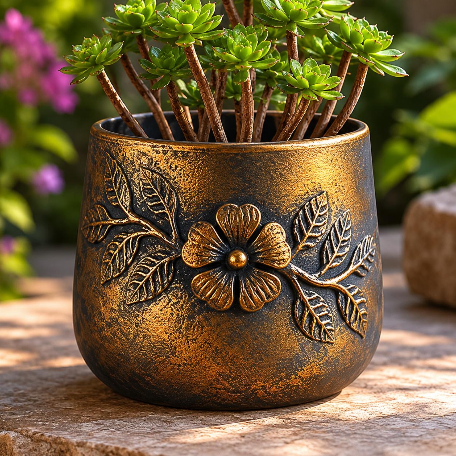 Vintage Embossed Metal Planter Vine Relief Rustic Flower Container Iron - Produktbild 7