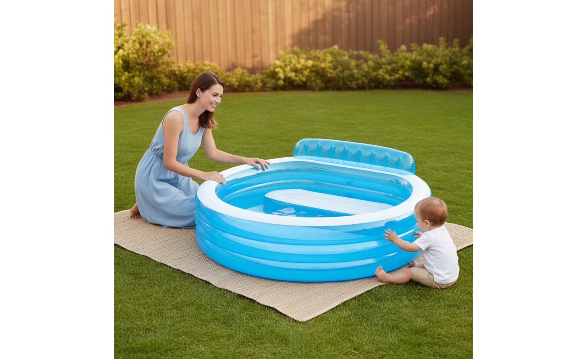 Inflatable Pool with Backrest Drain Valve Round Pool with Seats 2 Air Chambers