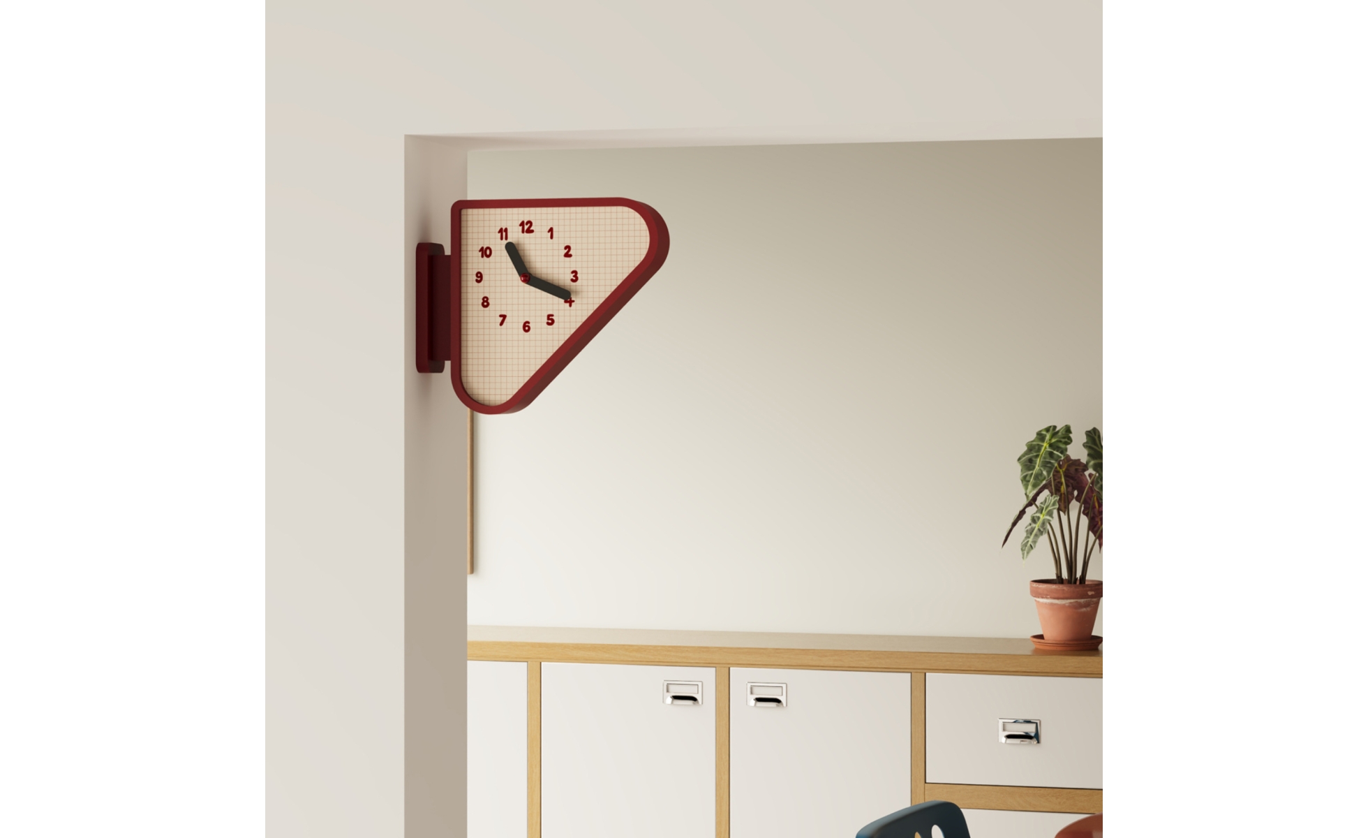 Triangular Wall Clock Grid-Pattern Dial Corner Clock Side-Mounted