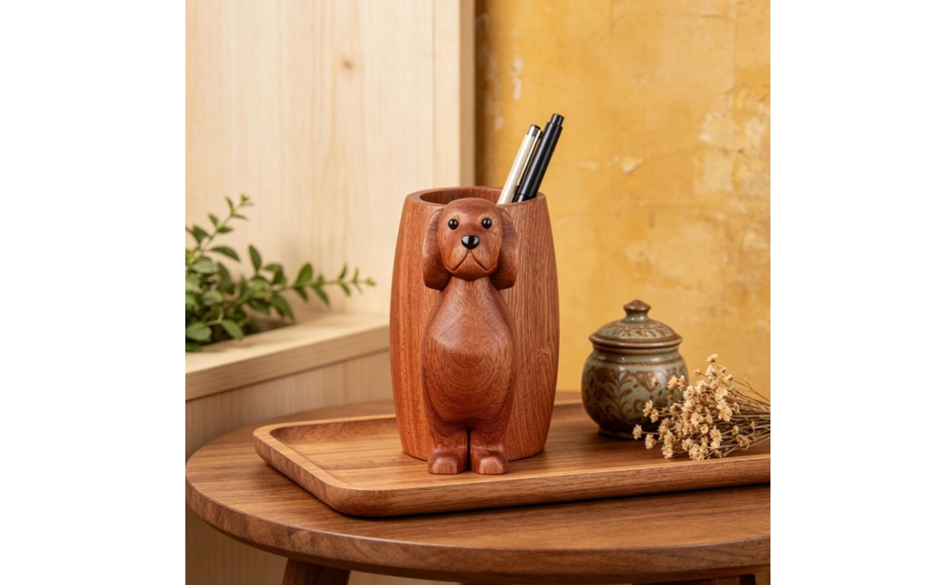 Wood Puppy Pen Holder Carved Sitting Puppy Organizer Floppy Ears
