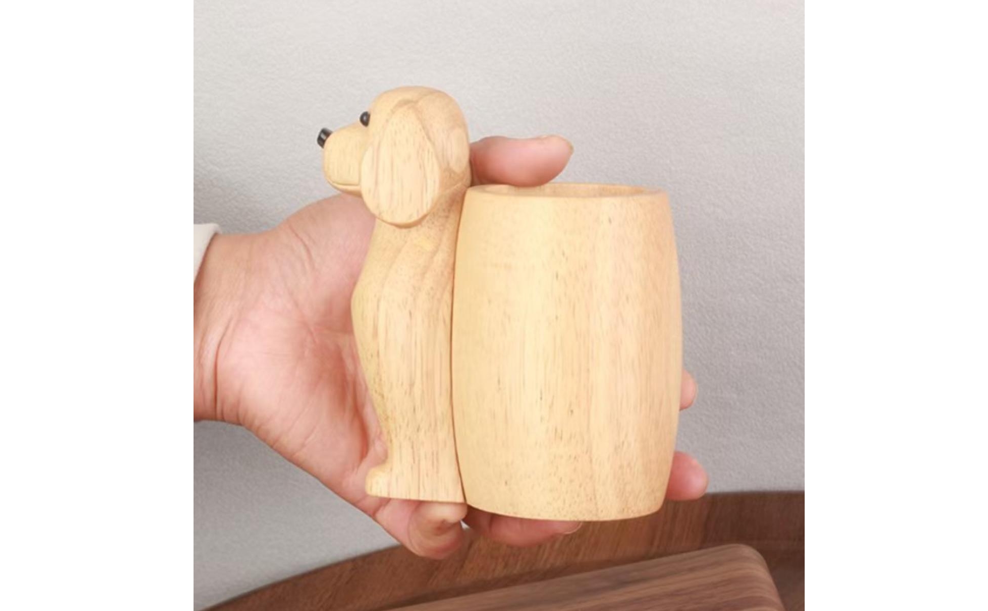 Wood Puppy Pen Holder Carved Sitting Puppy Organizer Floppy Ears