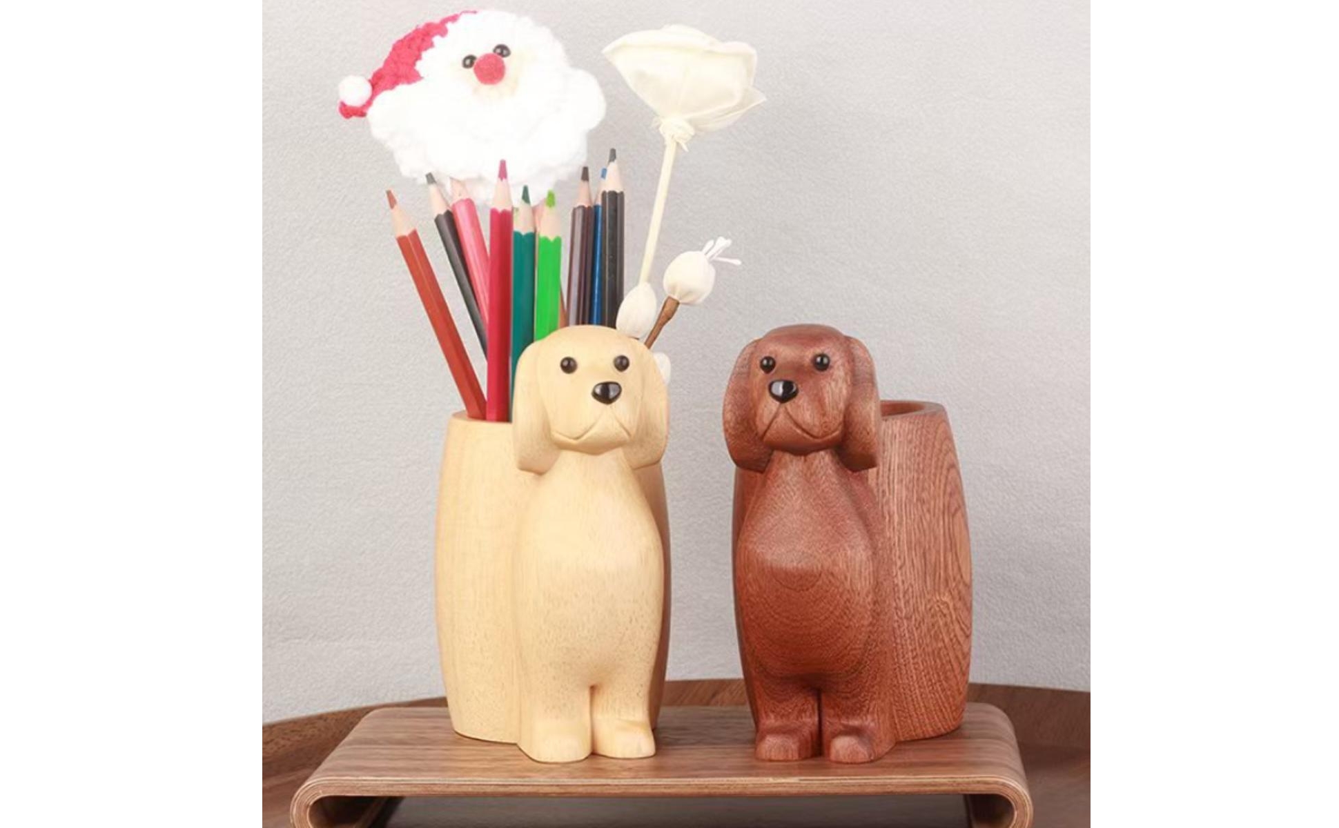Wood Puppy Pen Holder Carved Sitting Puppy Organizer Floppy Ears