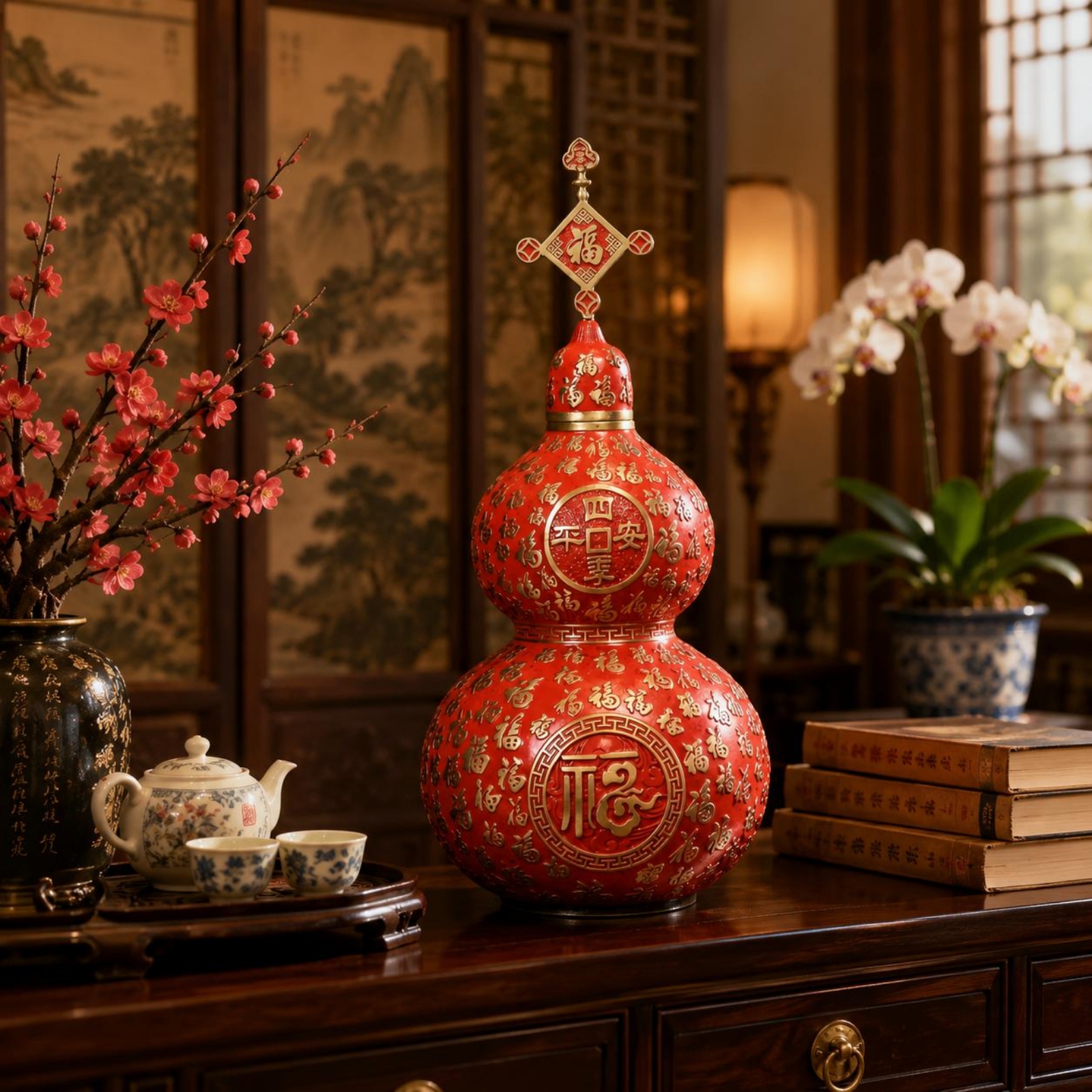 Hollow Carved Gourd Decoration Red Home Decoration Removable-Removable Lid - Produktbild 6
