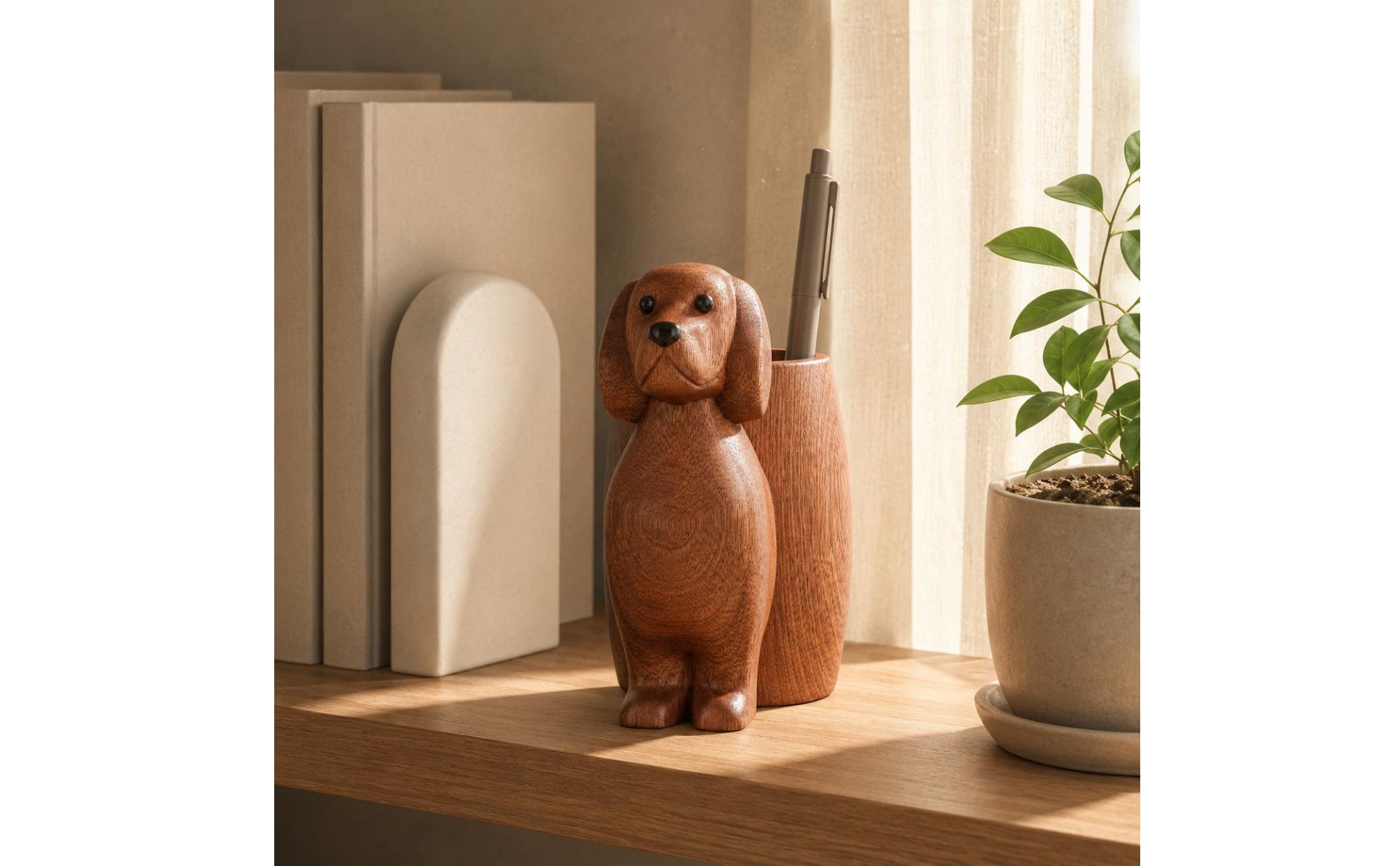 Wood Puppy Pen Holder Carved Sitting Puppy Organizer Floppy Ears