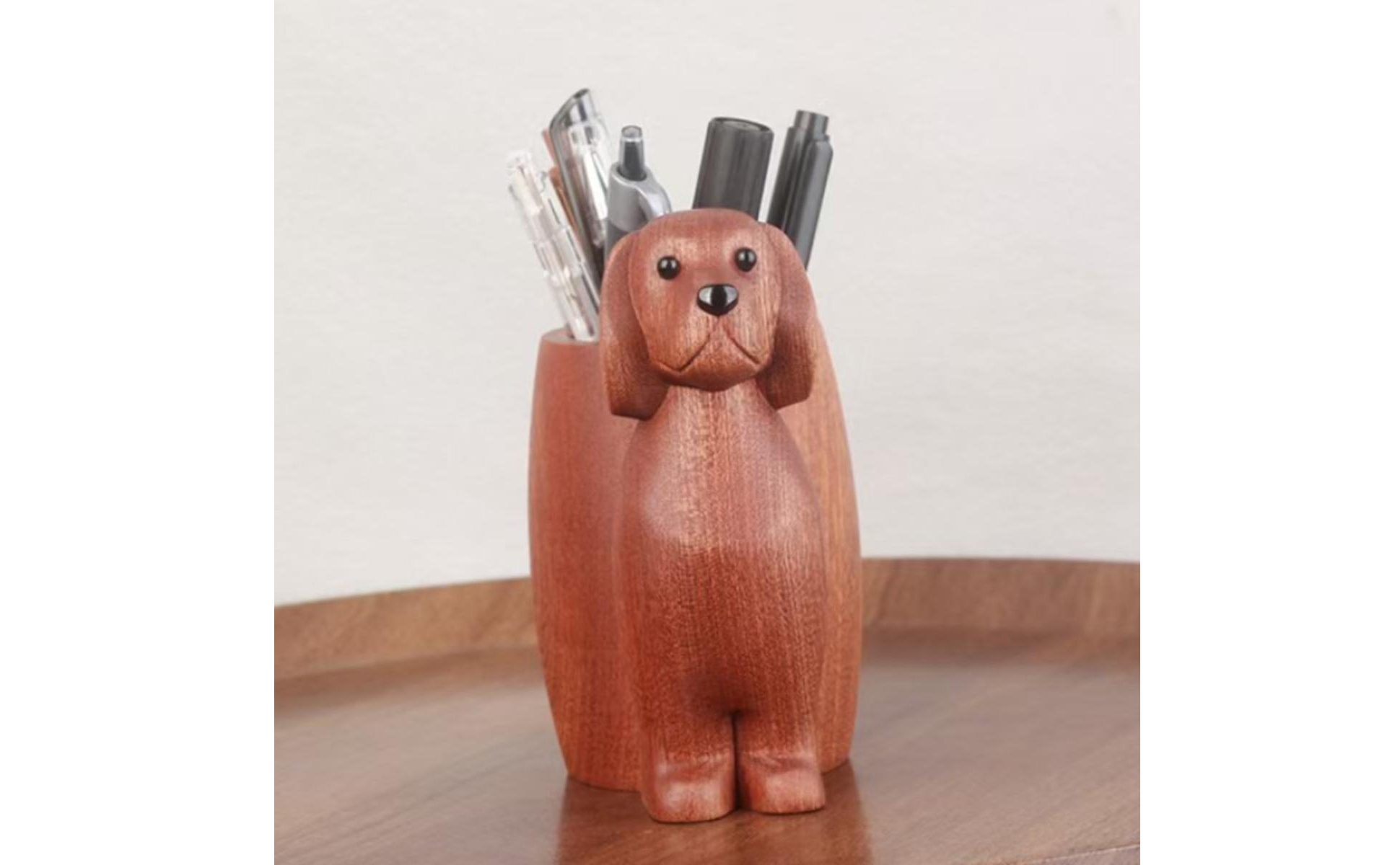 Wood Puppy Pen Holder Carved Sitting Puppy Organizer Floppy Ears