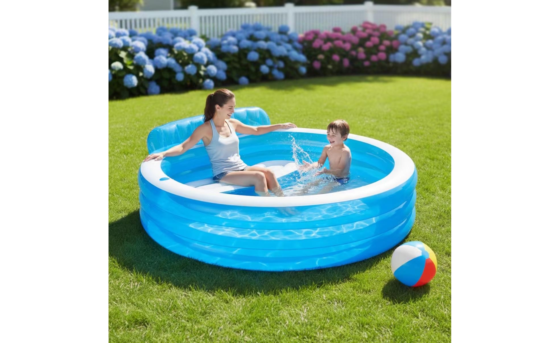 Inflatable Pool with Backrest Drain Valve Round Pool with Seats 2 Air Chambers