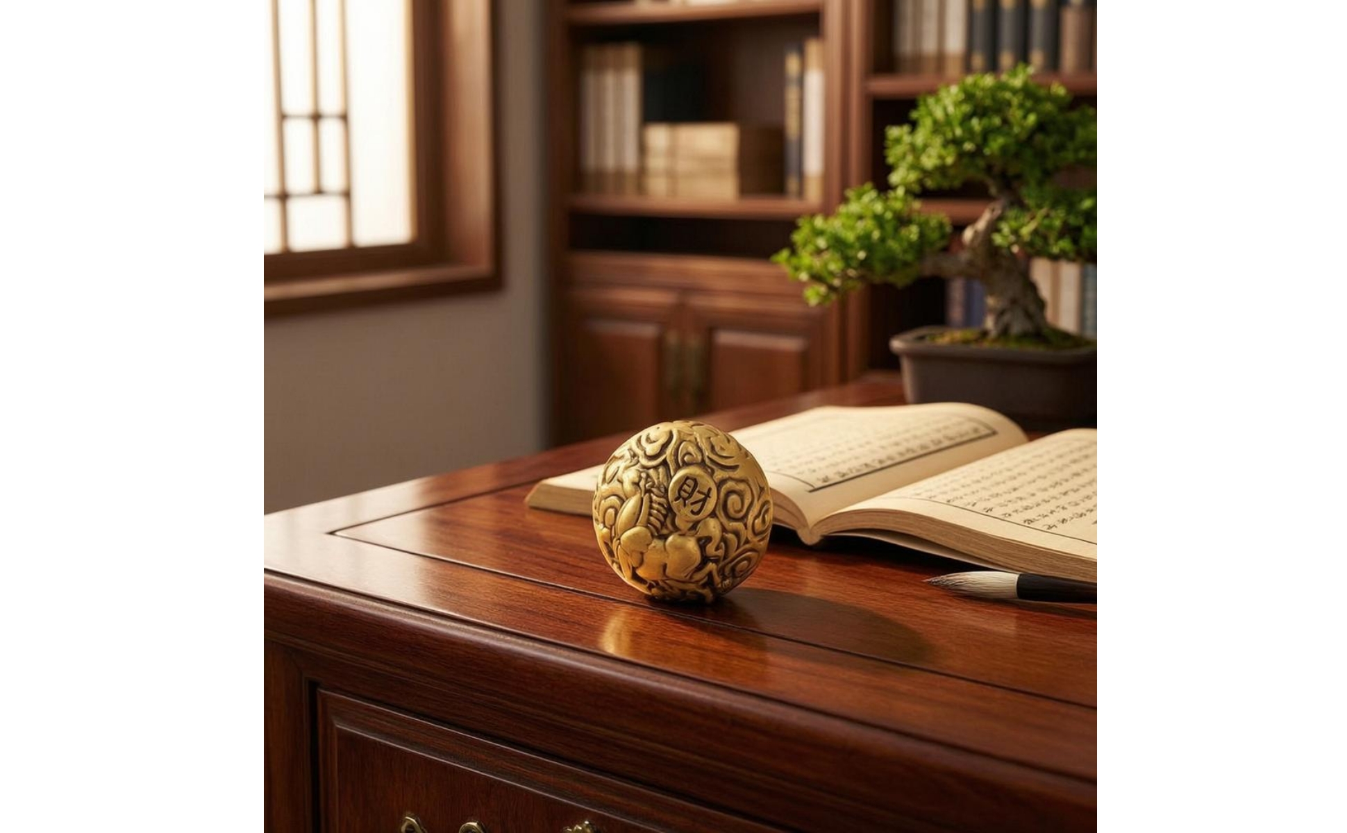 Horse Motif Decoration Auspicious Brass Sphere Decoration Carved Relief