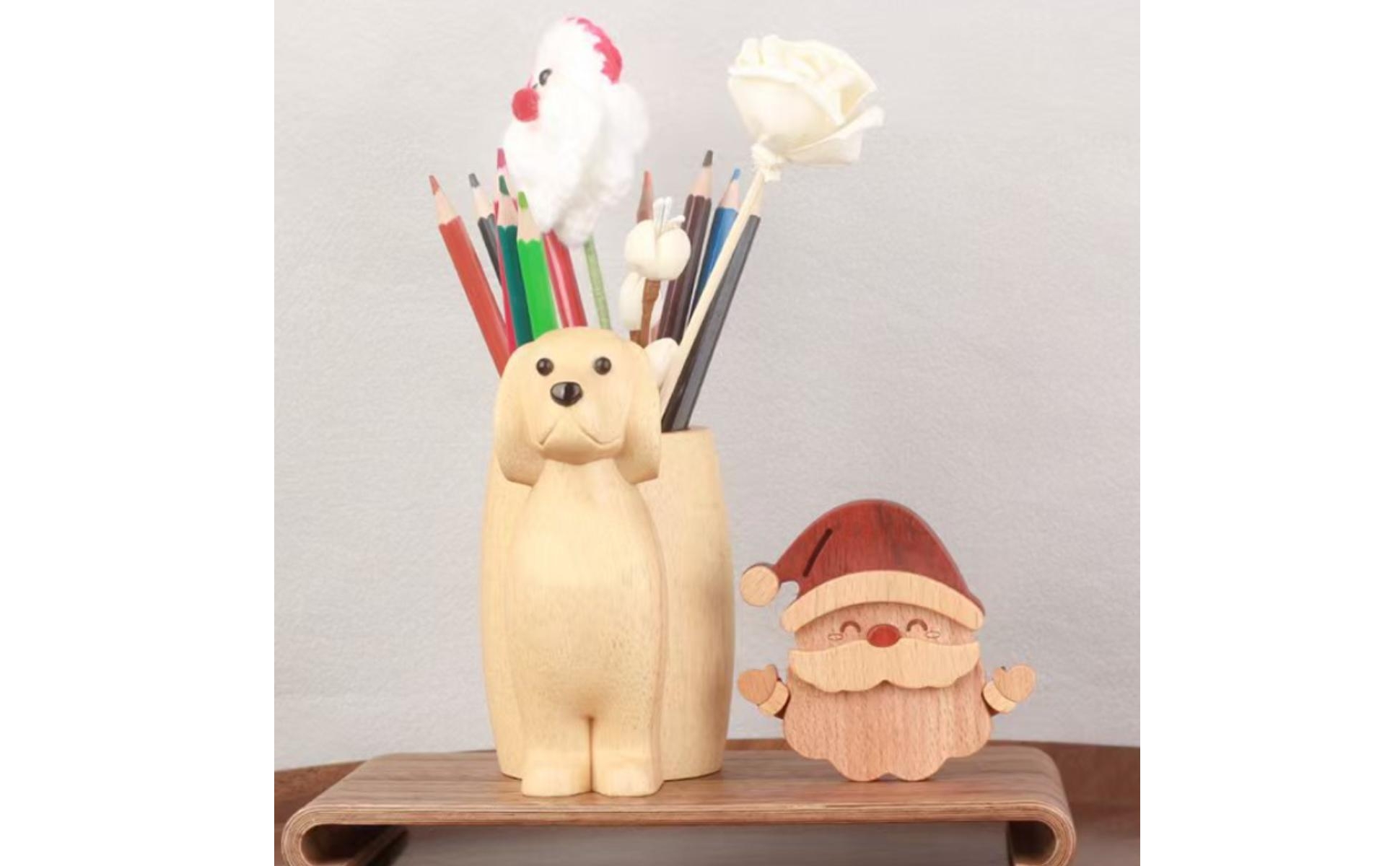 Wood Puppy Pen Holder Carved Sitting Puppy Organizer Floppy Ears