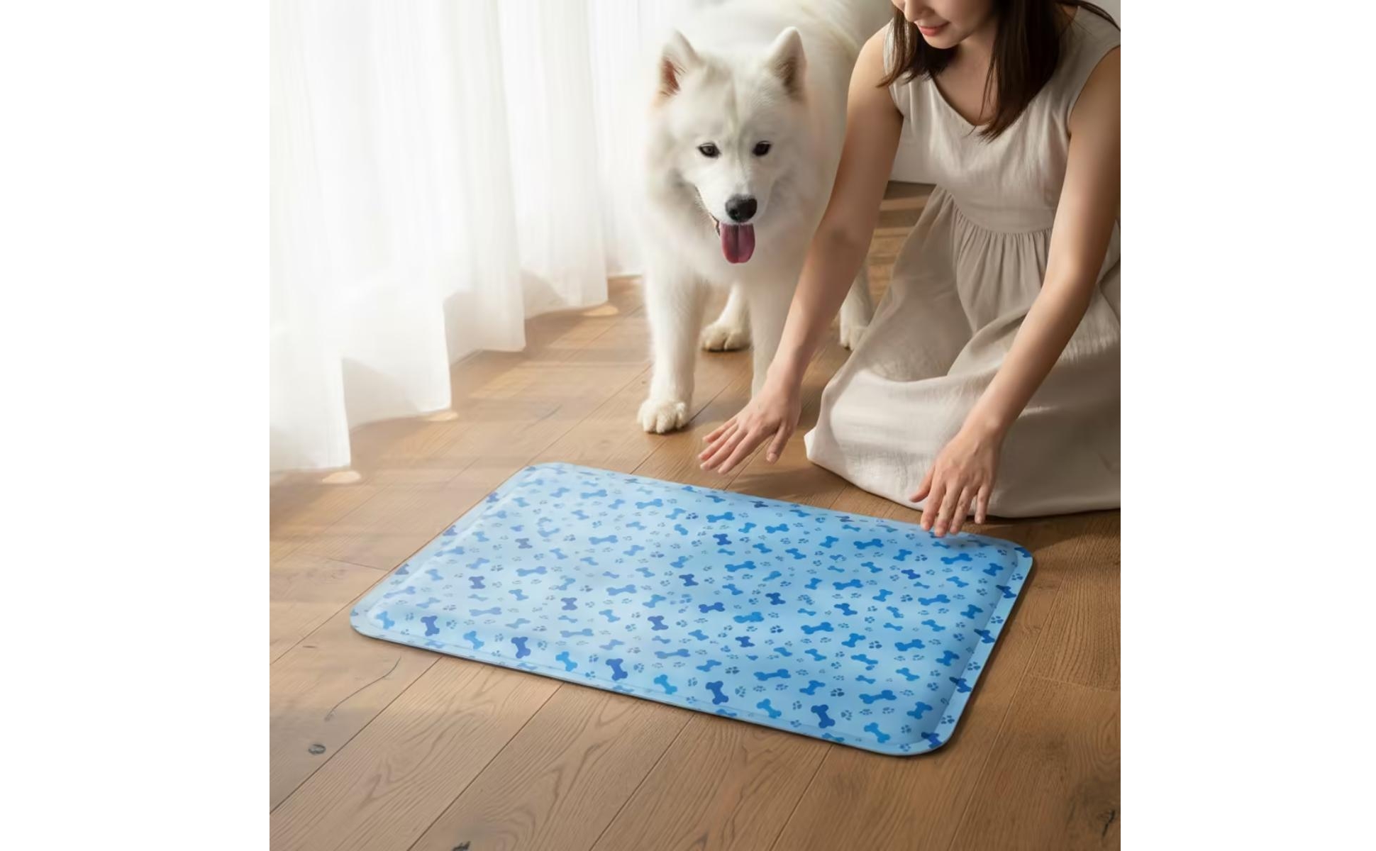 Pet Cooling Mat Blue Bone Pattern Pet Cooling Pad Rounded Corners for Pets