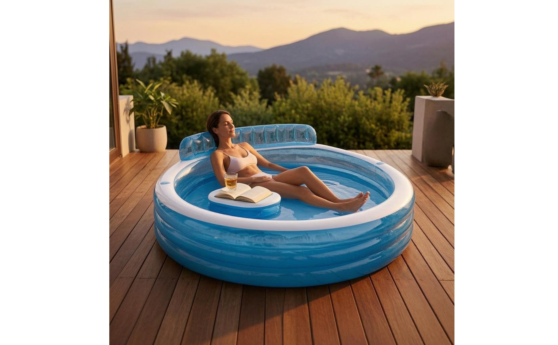 Inflatable Pool with Backrest Drain Valve Round Pool with Seats 2 Air Chambers