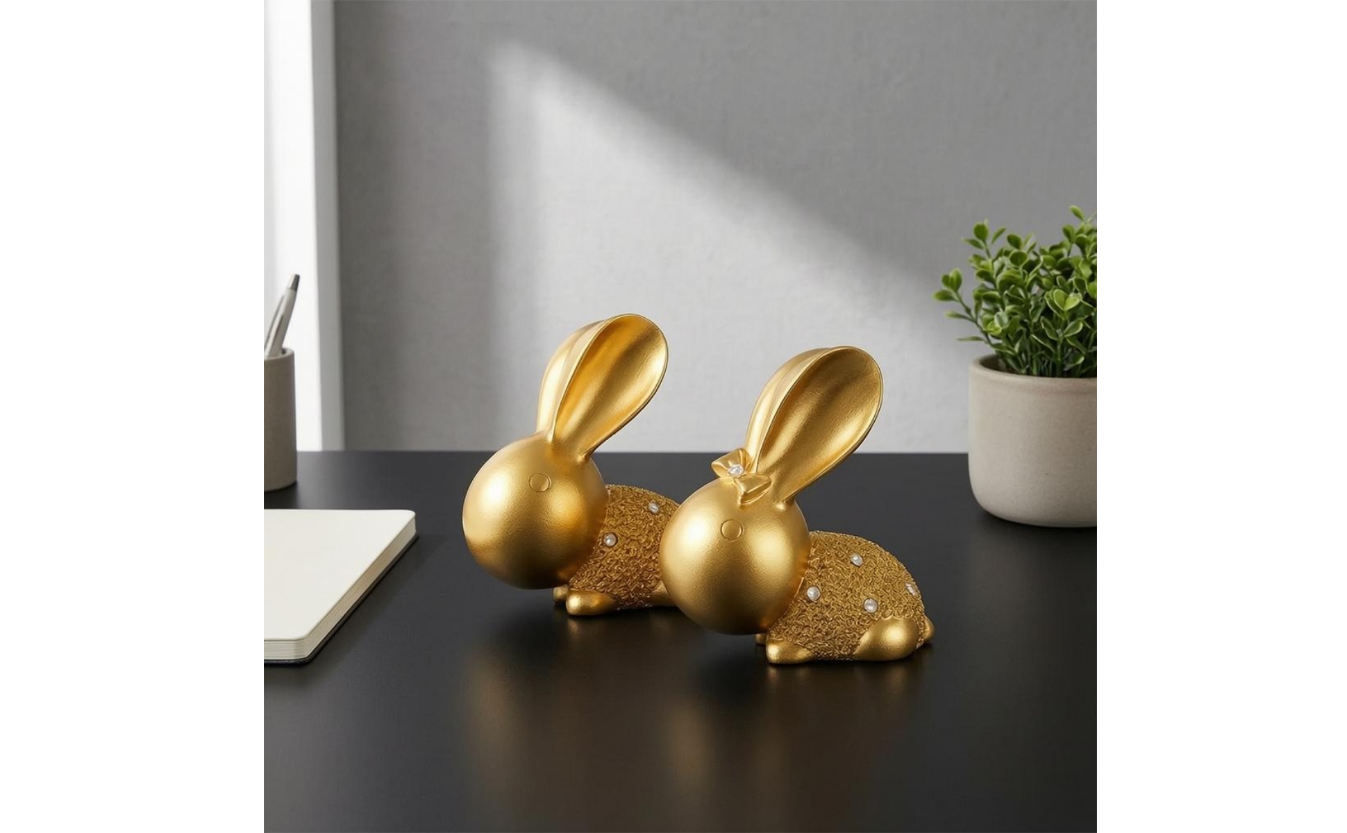 Hare Statue Pair Crystal Embellishments Seated Hare Figurines Textured Torso