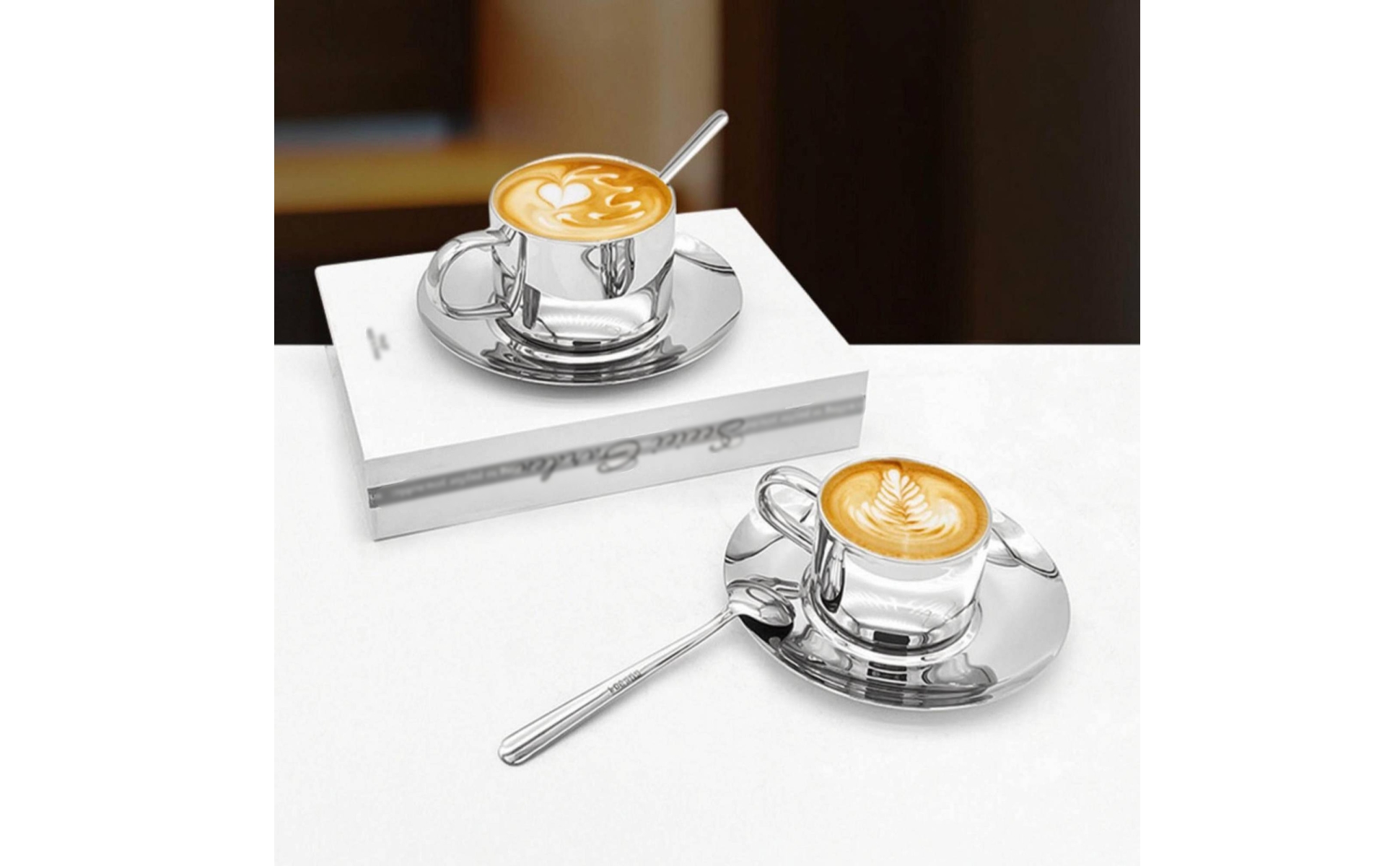 Coffee Mug and Plate Set Elegant Stainless Steel Coffee Mug Set Reflective