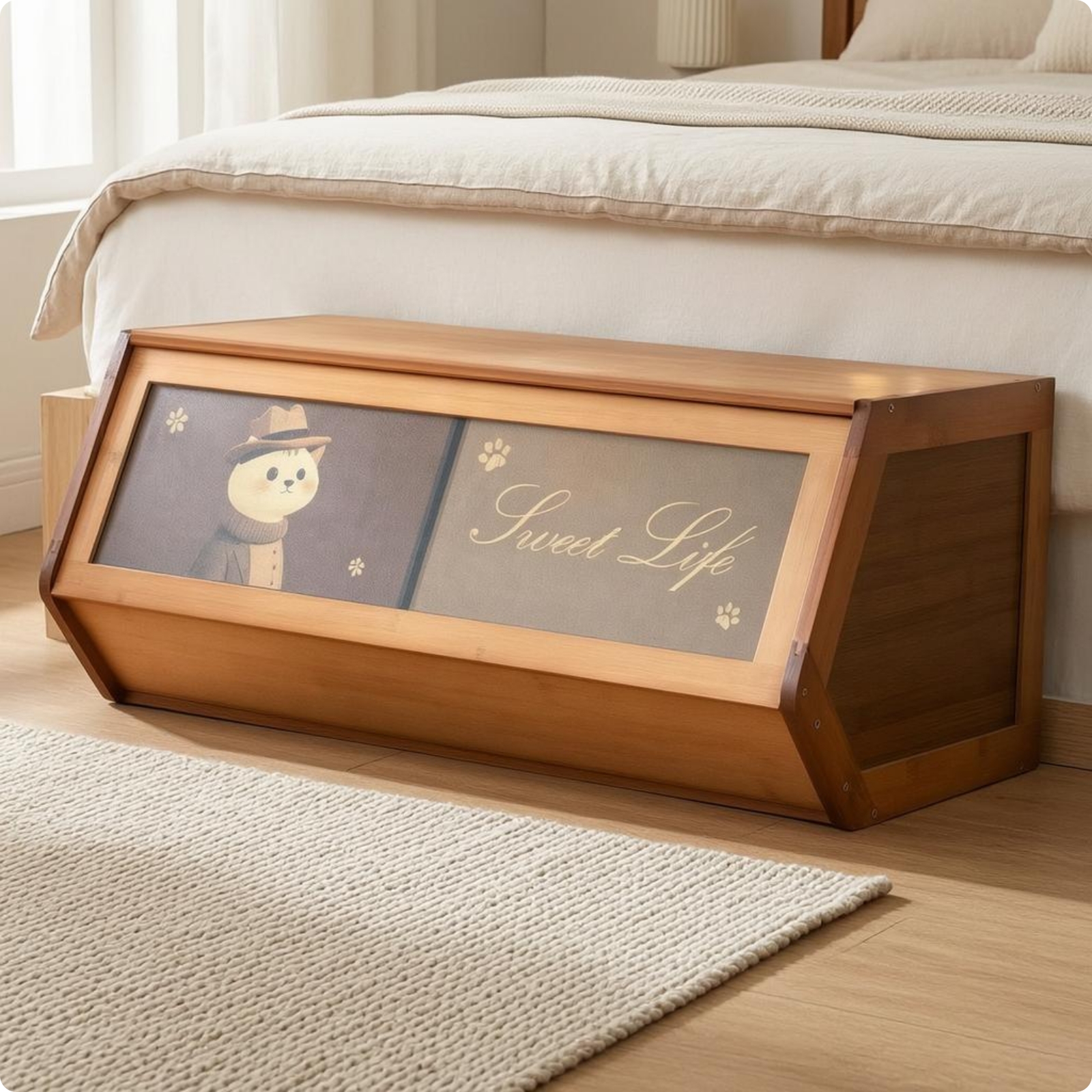 Slanted-Front Cabinet Wood-Grain Bamboo Storage Cabinet for Bedroom, Living