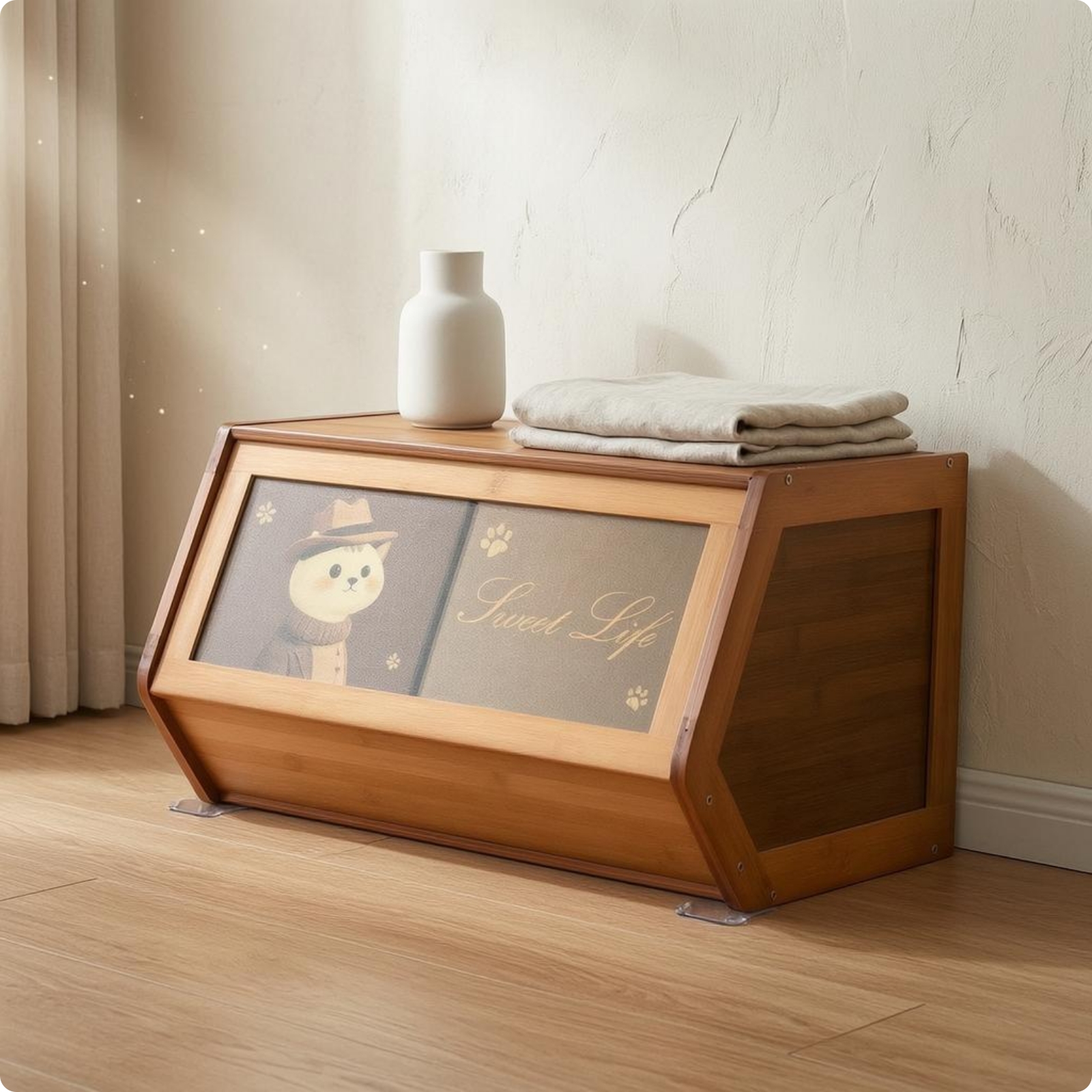 Slanted-Front Cabinet Decorative Bamboo Storage Cabinet for Bedroom