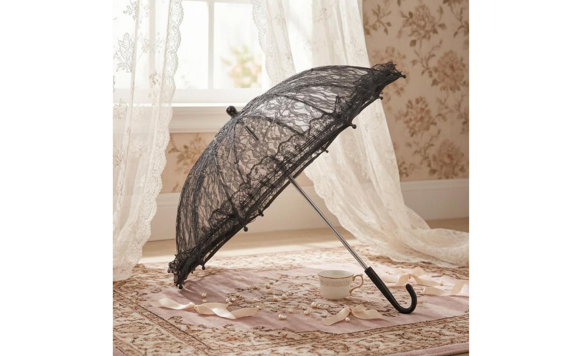 Ombrello in Pizzo Nero Traforato Ombrello con Bordo Smerlato Leggero