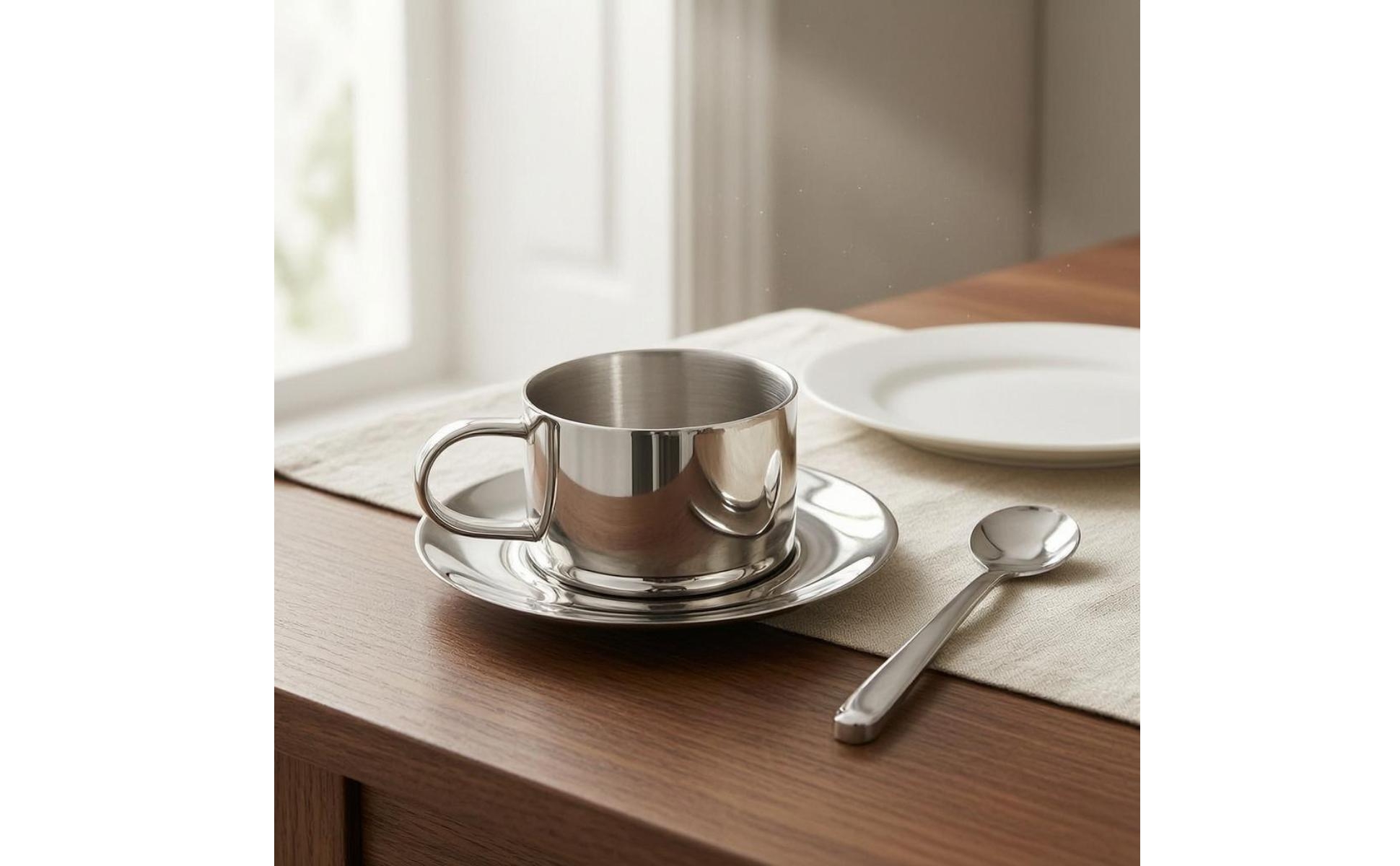 Coffee Mug and Plate Set Elegant Stainless Steel Coffee Mug Set Reflective