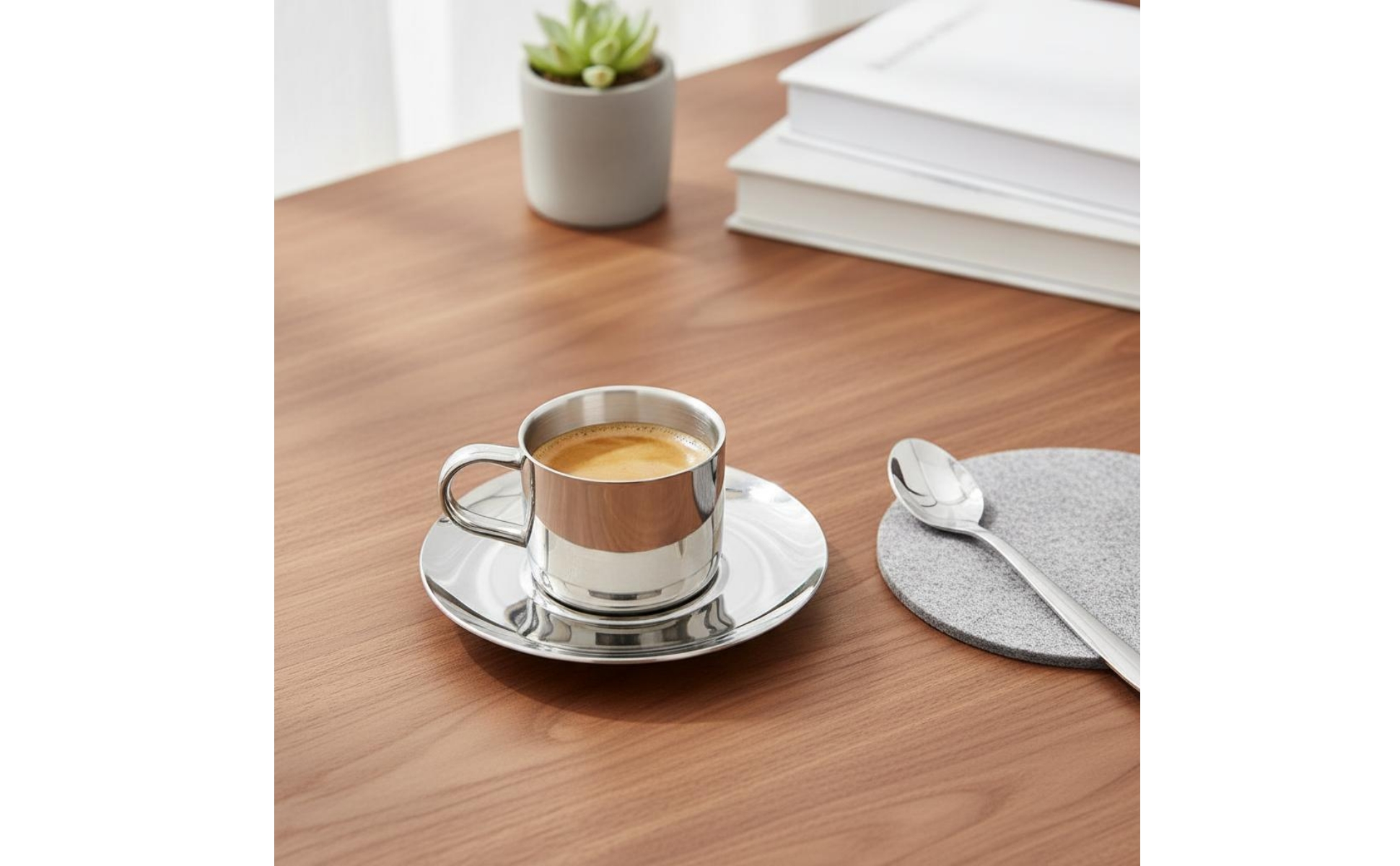 Coffee Mug and Plate Set Elegant Stainless Steel Coffee Mug Set Reflective